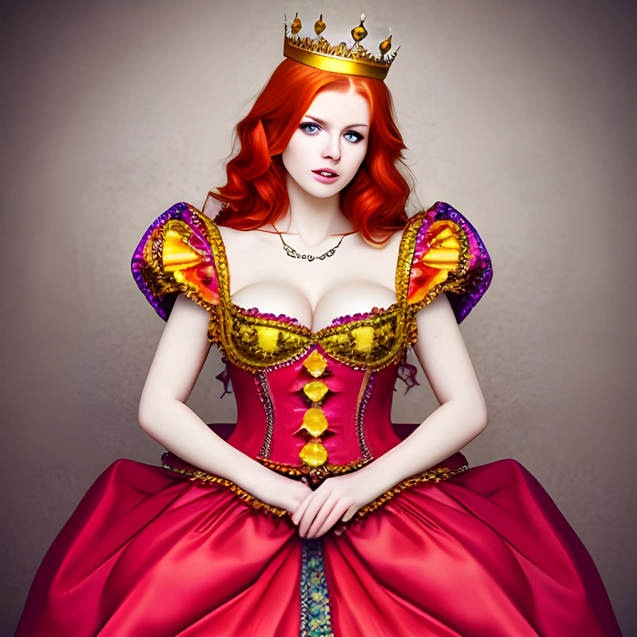 Beautiful redhead European woman with crown and colorful outfits, premium photography, ultra high definition, sexy 
