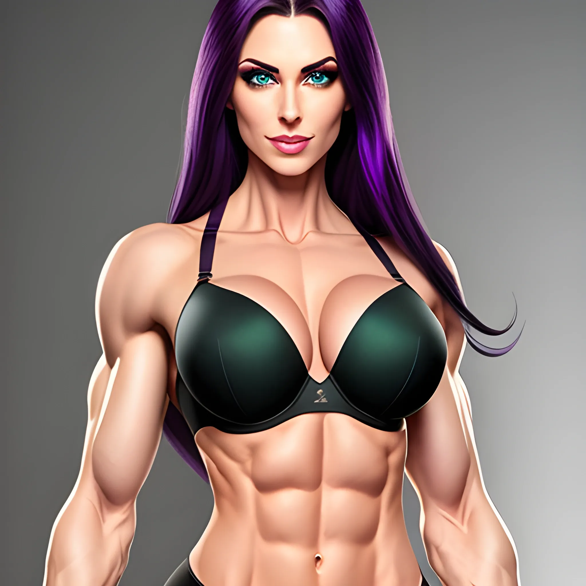 full body, girl, black long air, green eyes, realistic, purple bra, muscle, abs