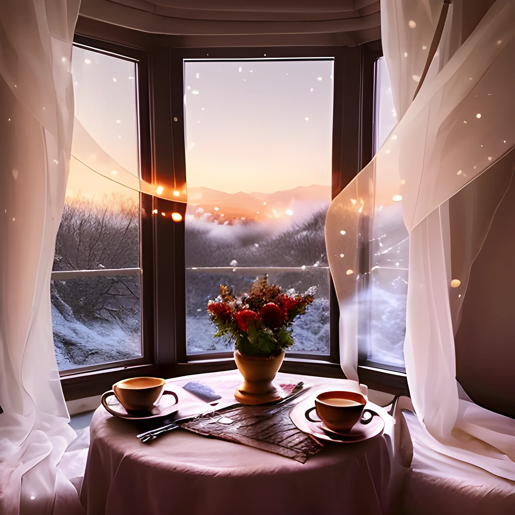 a beautiful winter day at dusk, a elegant Muslim woman written on paper by the room is lit by soft morning light, on the edge of the window, some flowers are scattered, a steaming cup of coffee at the edge of the table, outside a fantastic dream view of