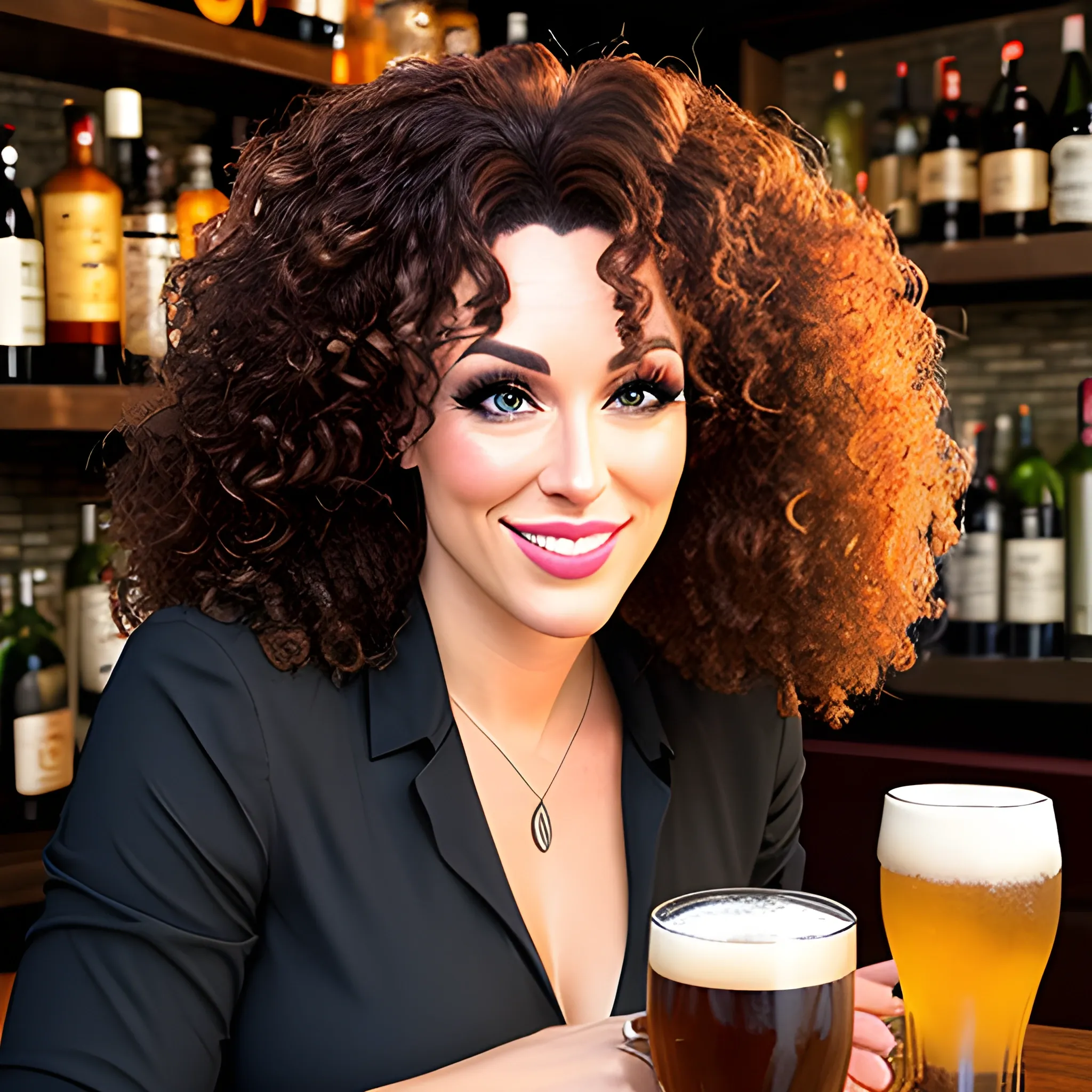 Girl with curly hair at a bar