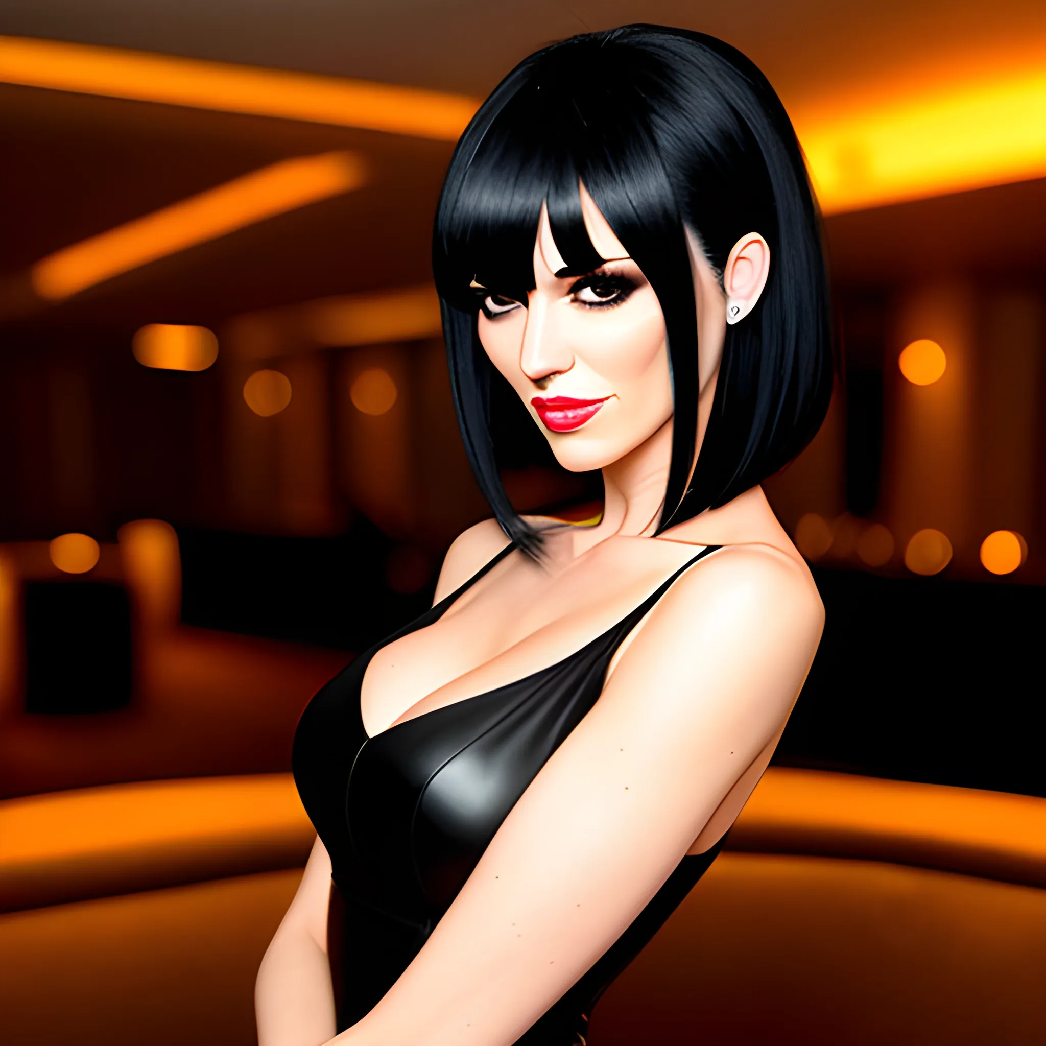 Skinny girl with black hair and bangs in a club black dress