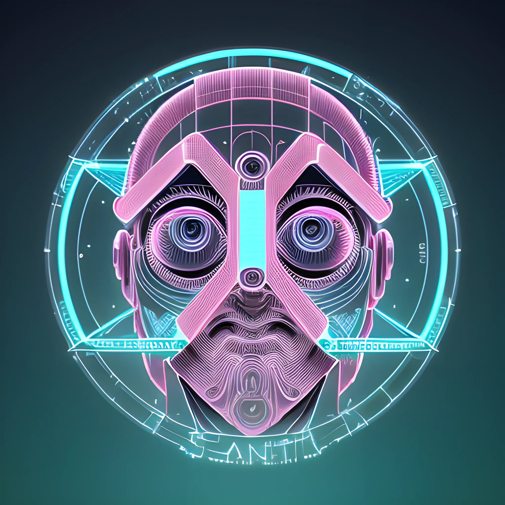  sci-fi font capital letter V, high-definition, realistic, intricate wavelength detailing, embossed circular frame, 3D, Sci-Fi, Hip-hop, Urban, pink and cyan colored, sacred geometry, circular male cybernetic avatar, glowing eyes