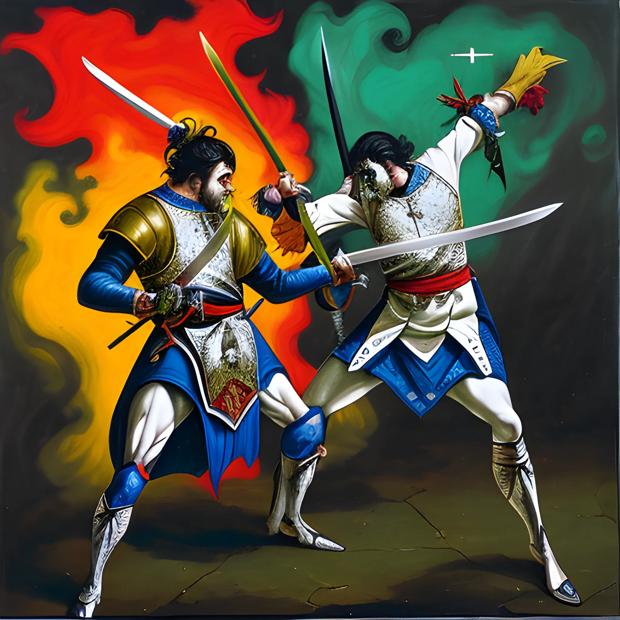 two men with swords fighting to the death 
,psycedelic