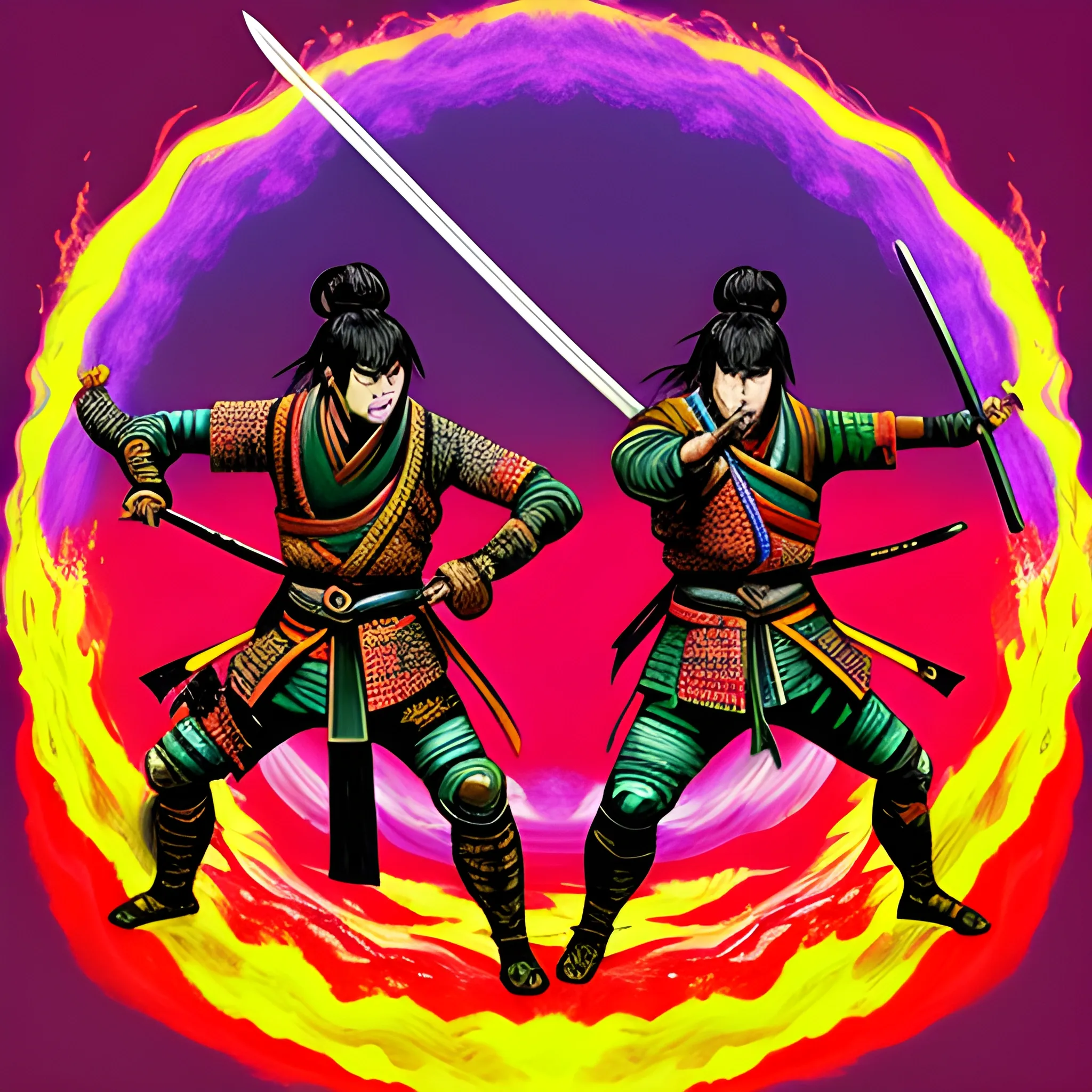 two samurais with swords fighting to the death 
,psychedelic