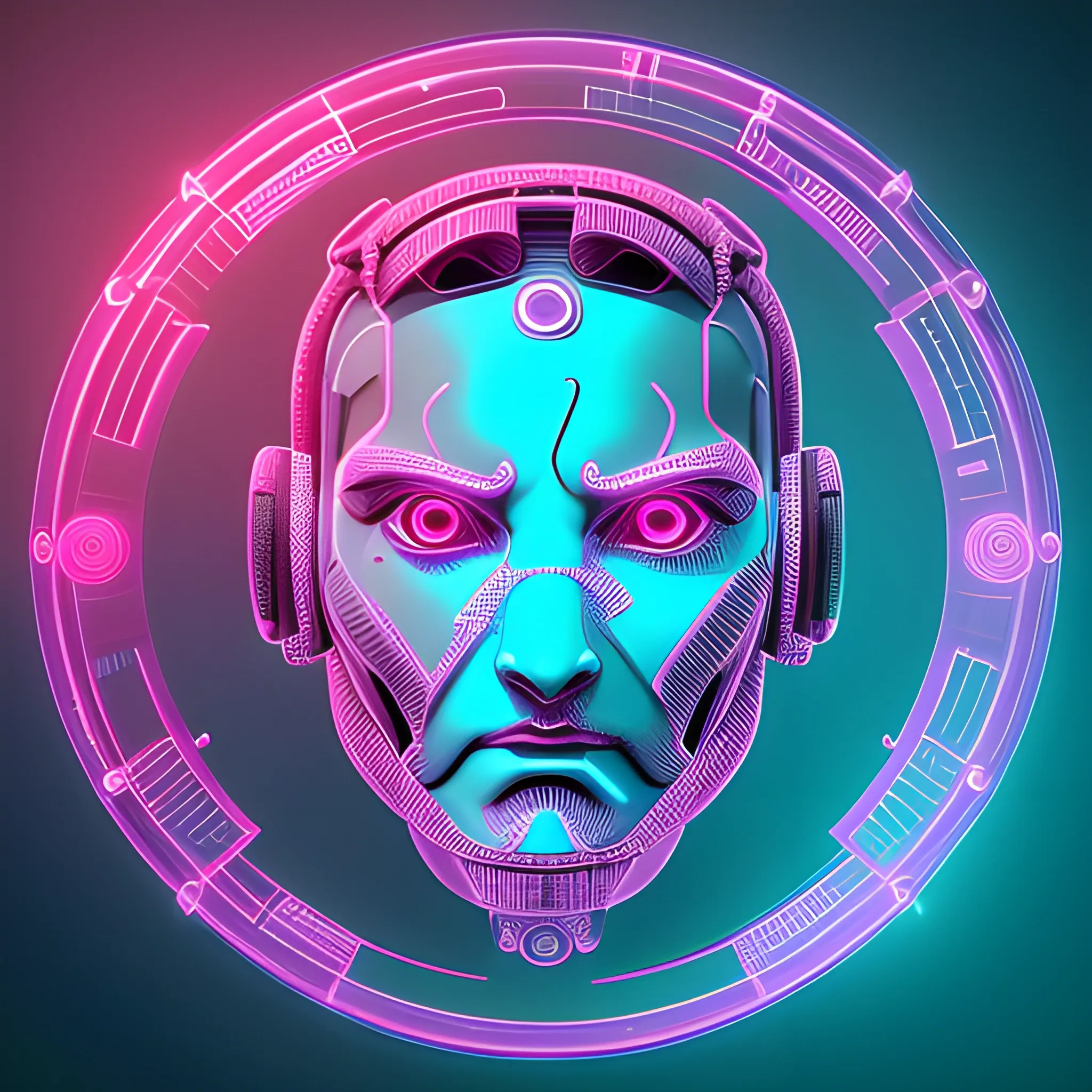  sci-fi font capital letter V, high-definition, realistic, intricate wavelength detailing, embossed circular frame, 3D, Sci-Fi, Hip-hop, Urban, pink and cyan colored, sacred geometry, circular male cybernetic avatar, glowing eyes
