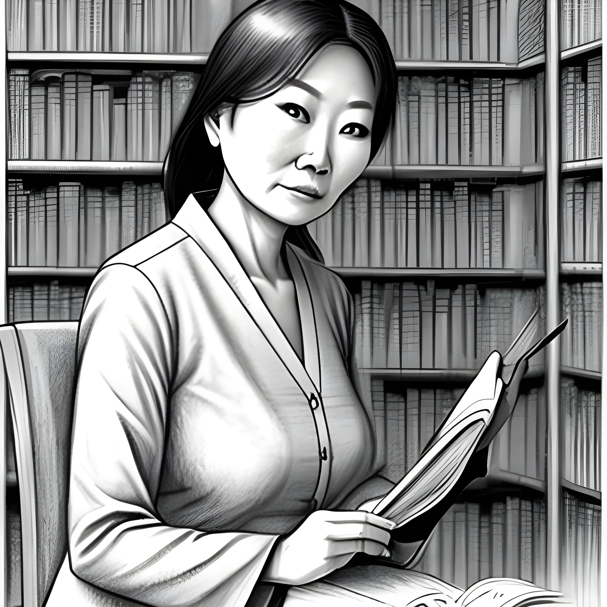 , Pencil Sketch, an alluring asian lady.  55 years old.  modestly dressed.  in a library