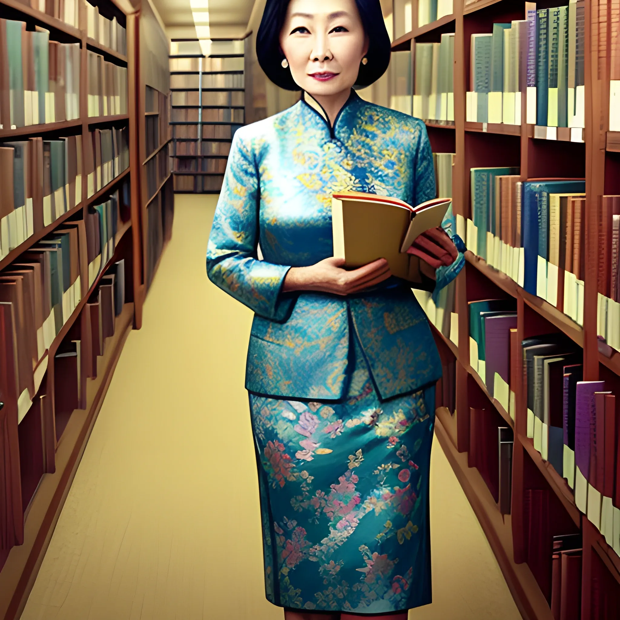  an alluring asian lady.  55 years old.  modestly dressed.  in a library, Trippy