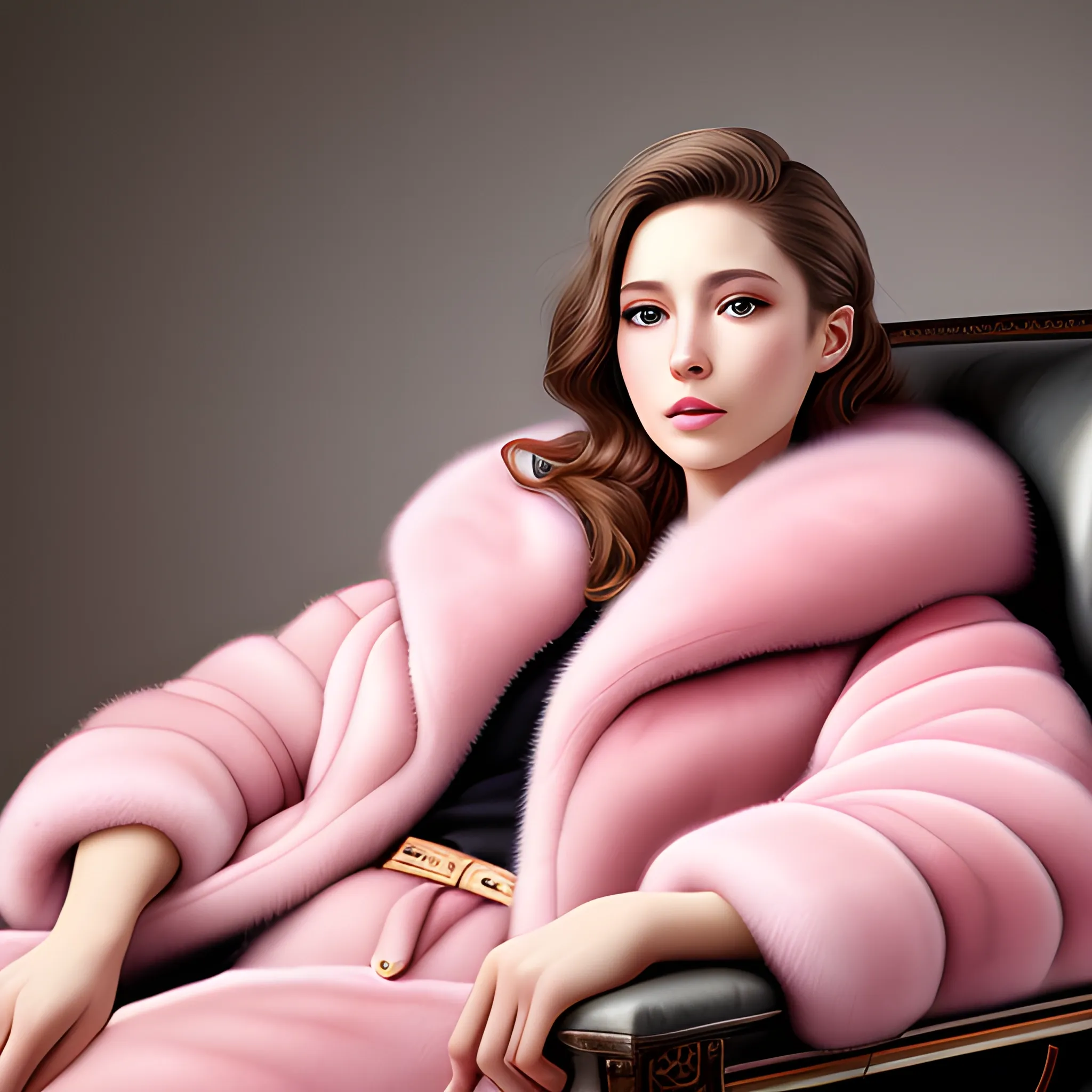 best quality, masterpiece, ultra high res, photorealistic, detailed skin, pink fur coat, lounging