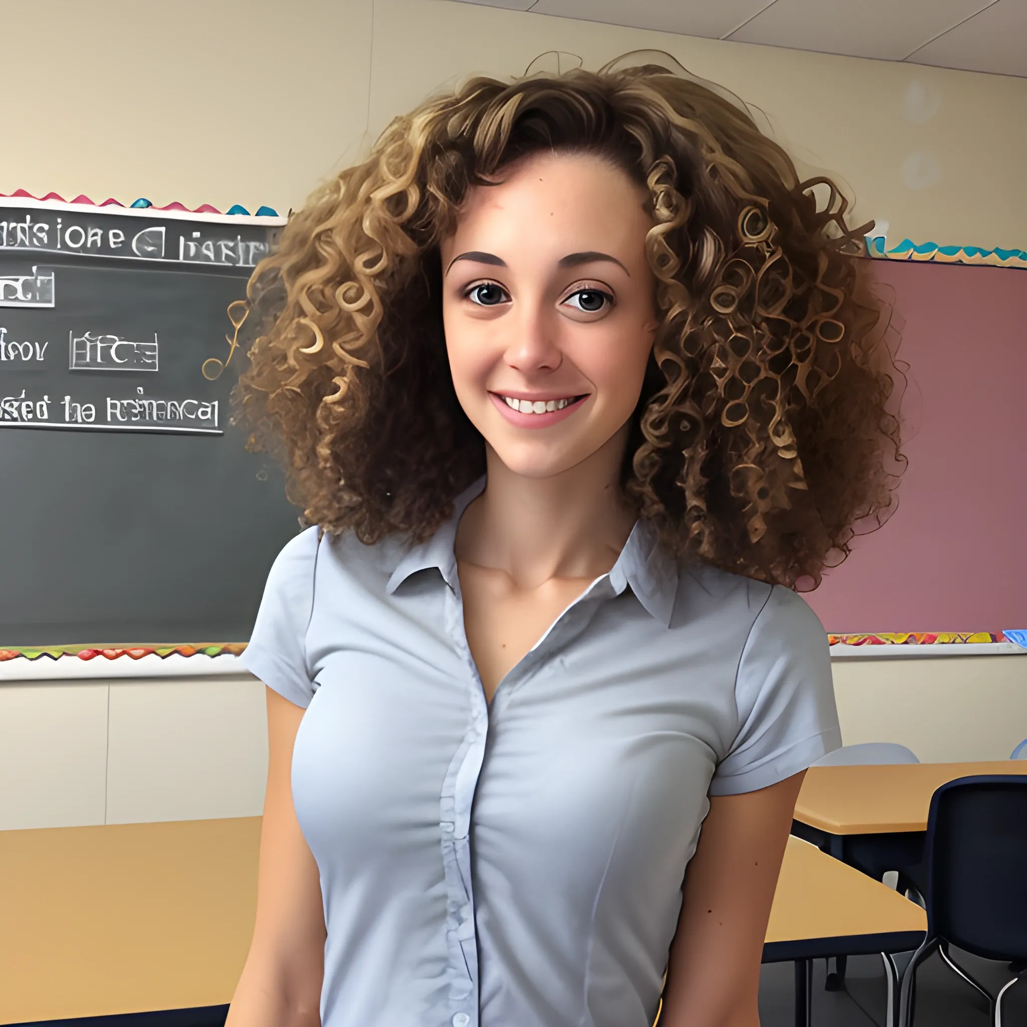 Skinny female teacher with curly hair