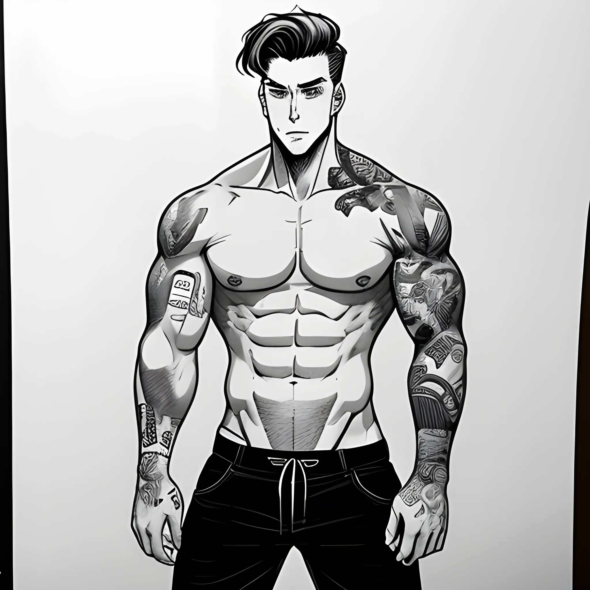 Un homme musclé en pantalon au cheveu noir et torse nu tatoué dans le style des webtoons