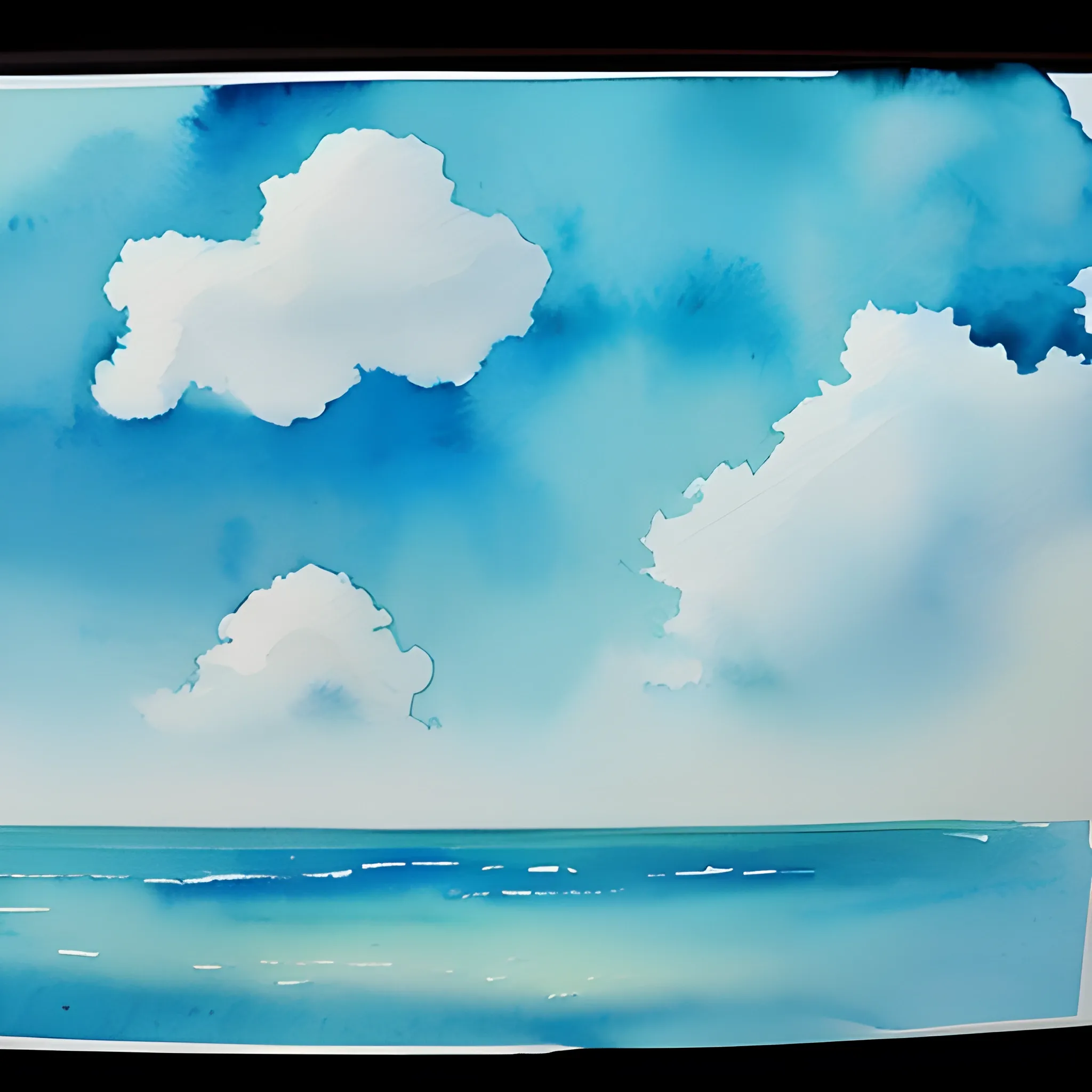 a beautiful watercolor painting of a beautiful ocean with peaceful fluffy clouds in the sky 