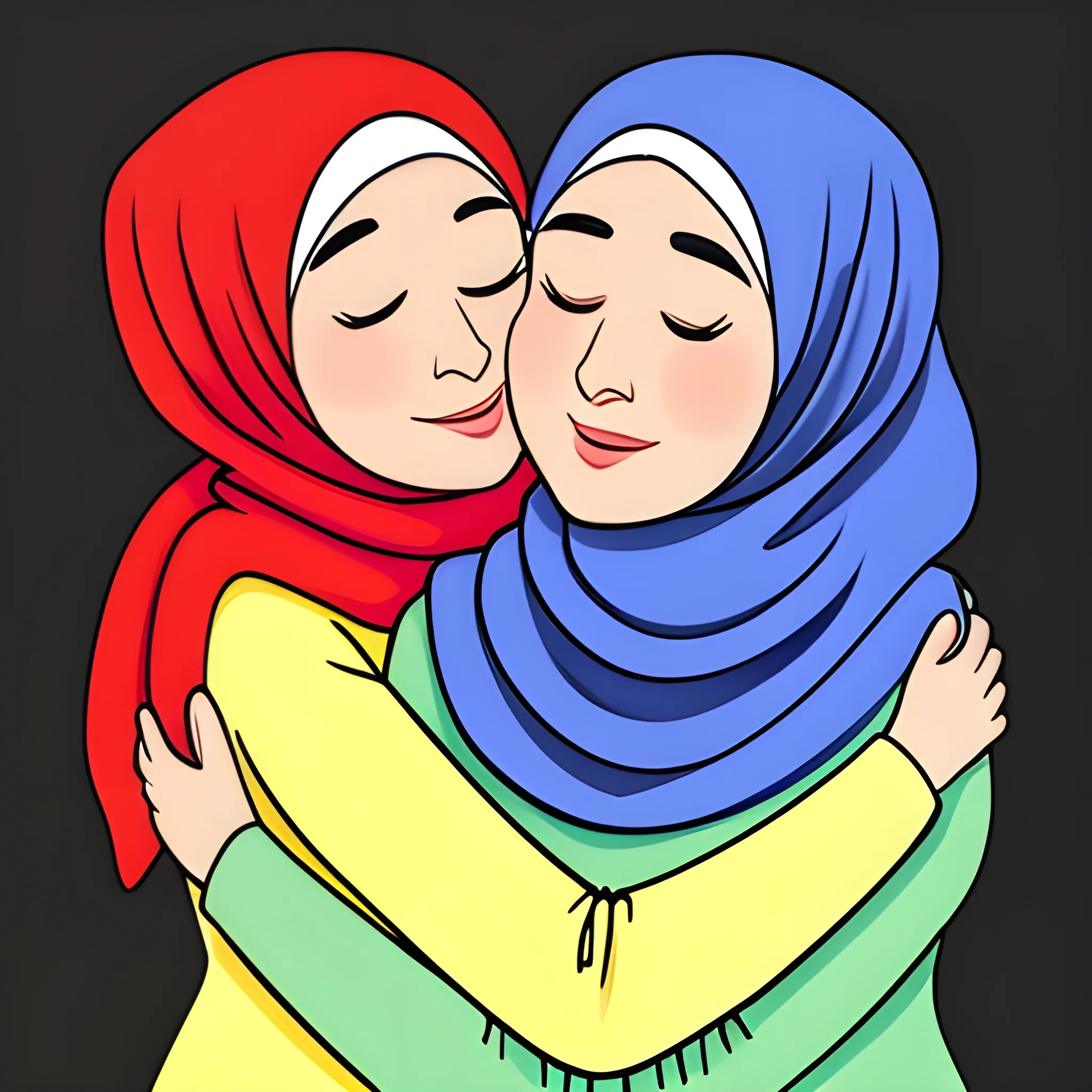 two hijab mature women hugging , Cartoon