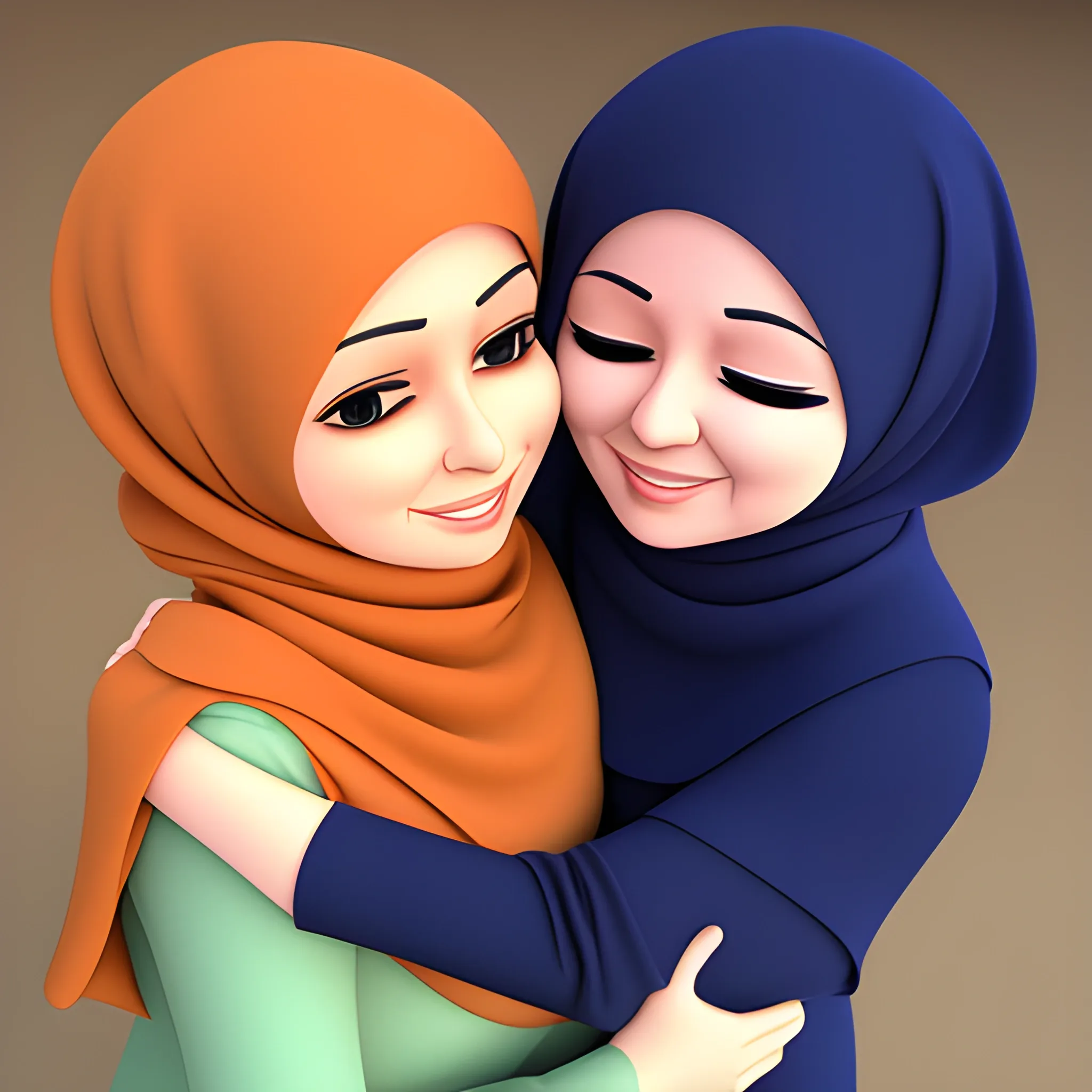 two hijab mature women hugging , Cartoon, 3D