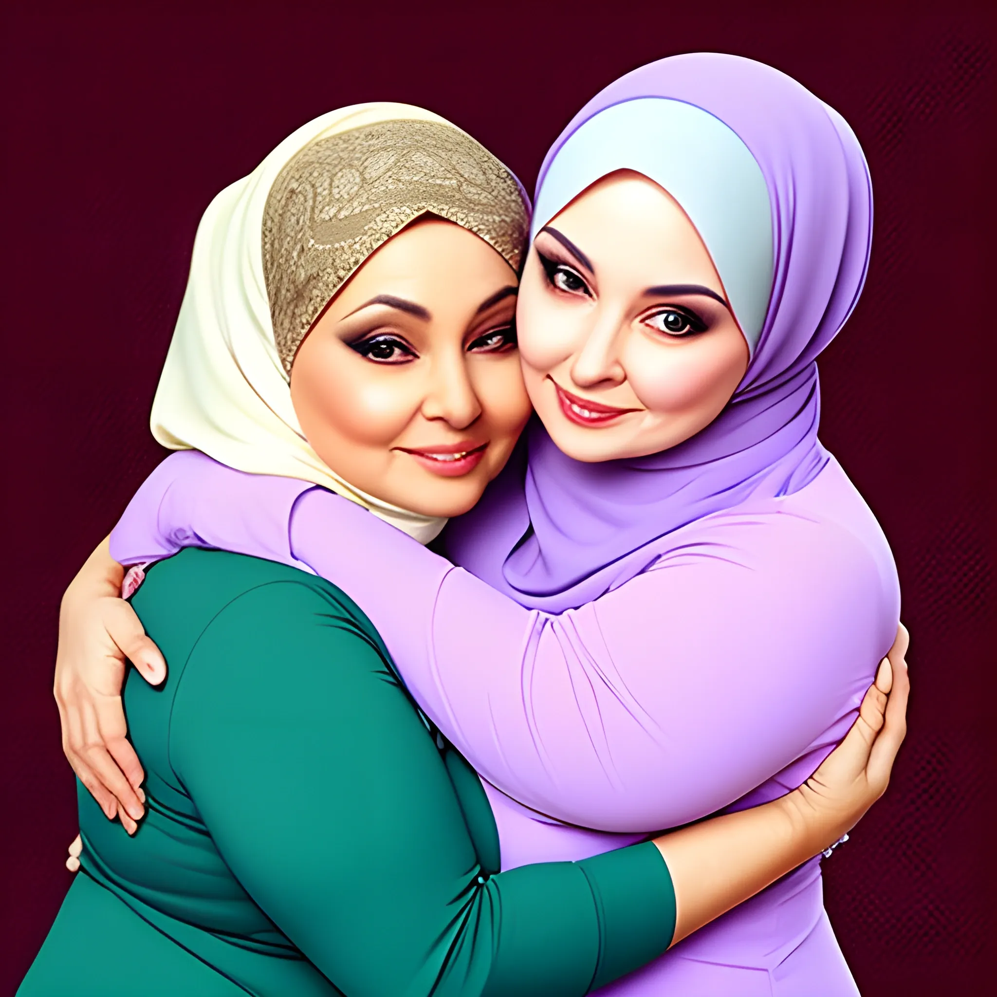 two hijab beautiful curvy mature women hugging