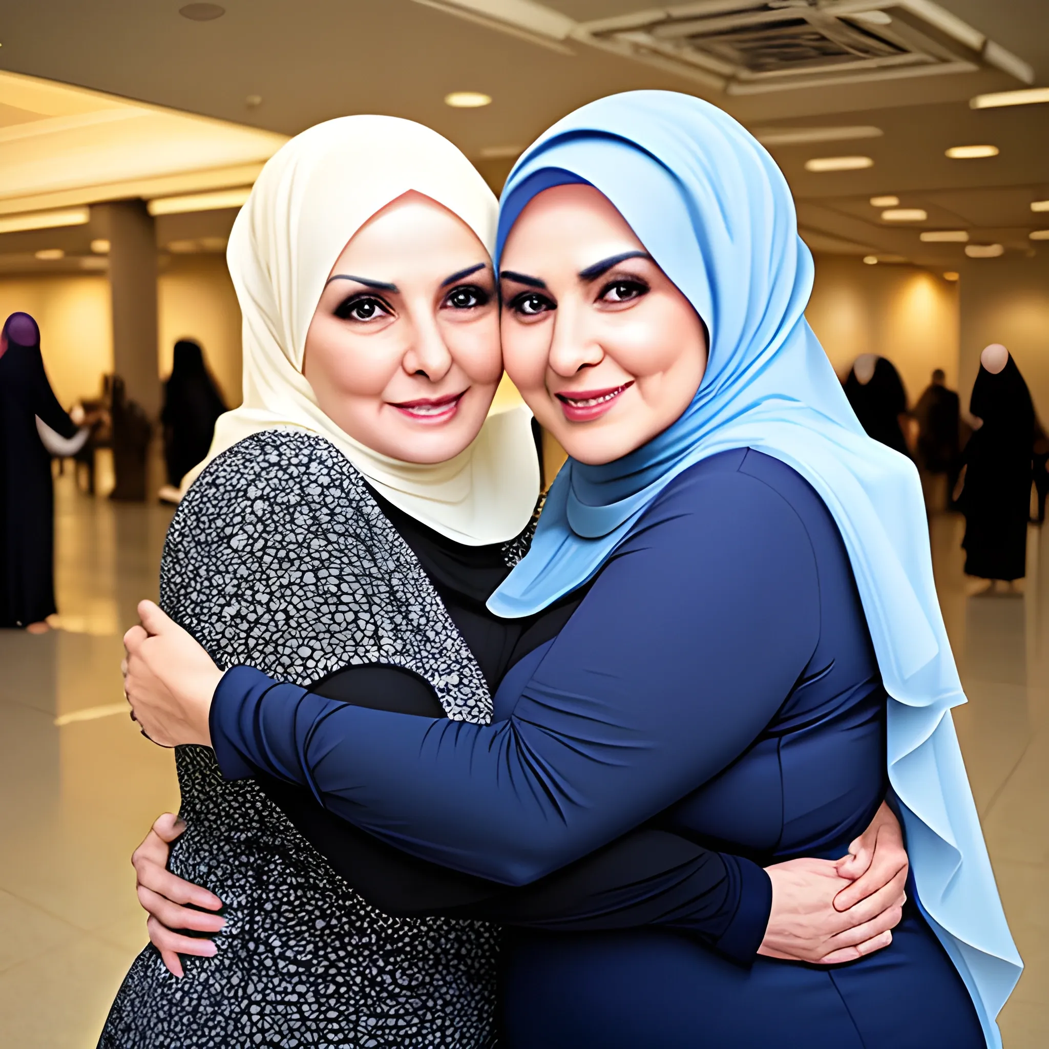 two hijab beautiful curvy mature women hugging