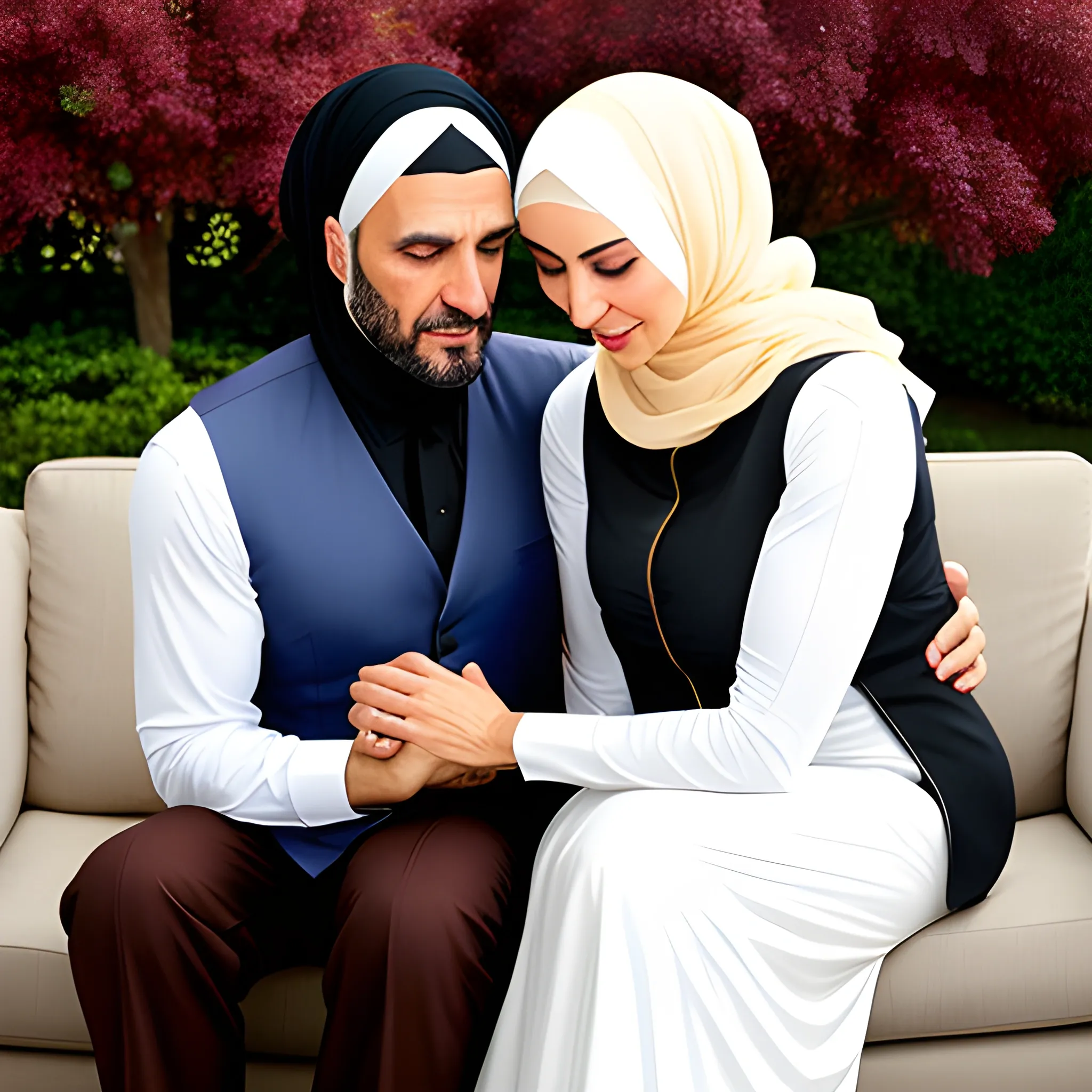 Beautiful mature Hijab Mom praying sitting in lap of  young son wearing vest