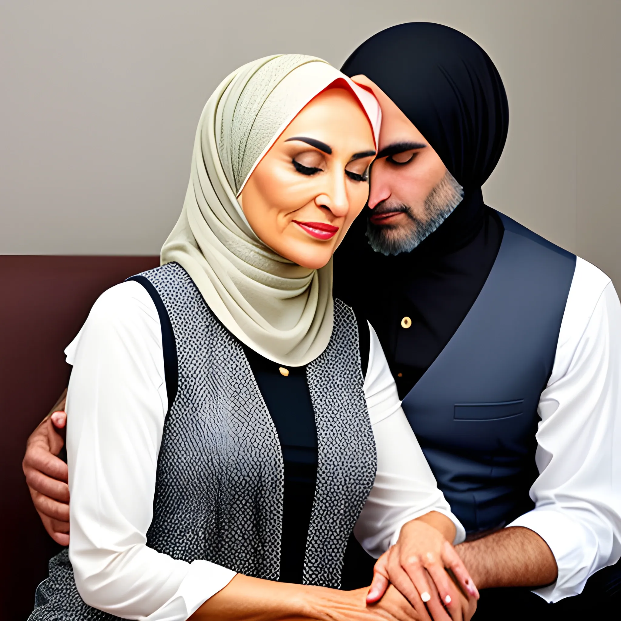Beautiful mature Hijab Mom praying sitting in lap of young son wearing vest