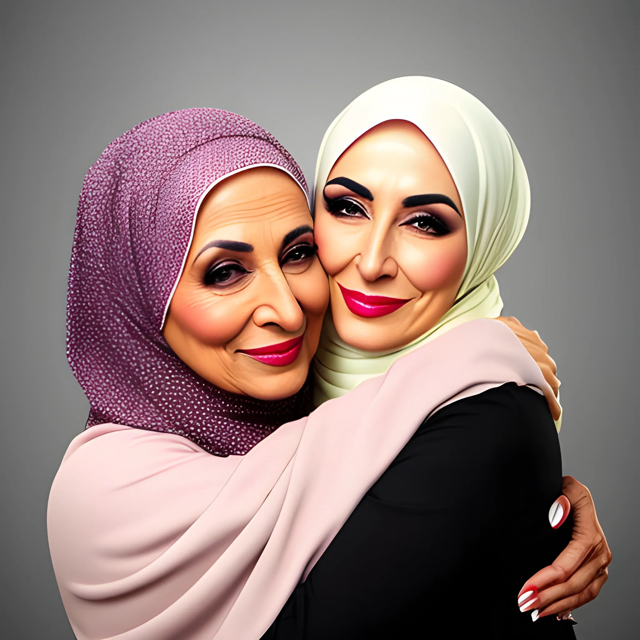 Beautiful mature hijab mom and teen son hugging 