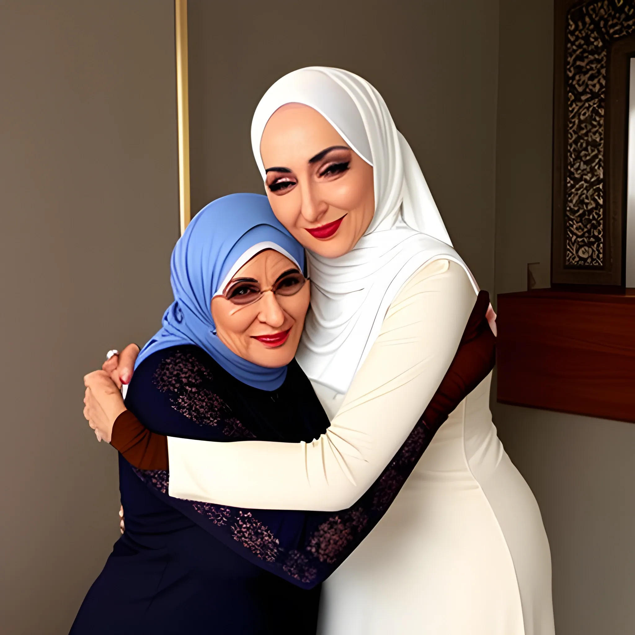 Beautiful mature hijab romantic mom hugging her teen son