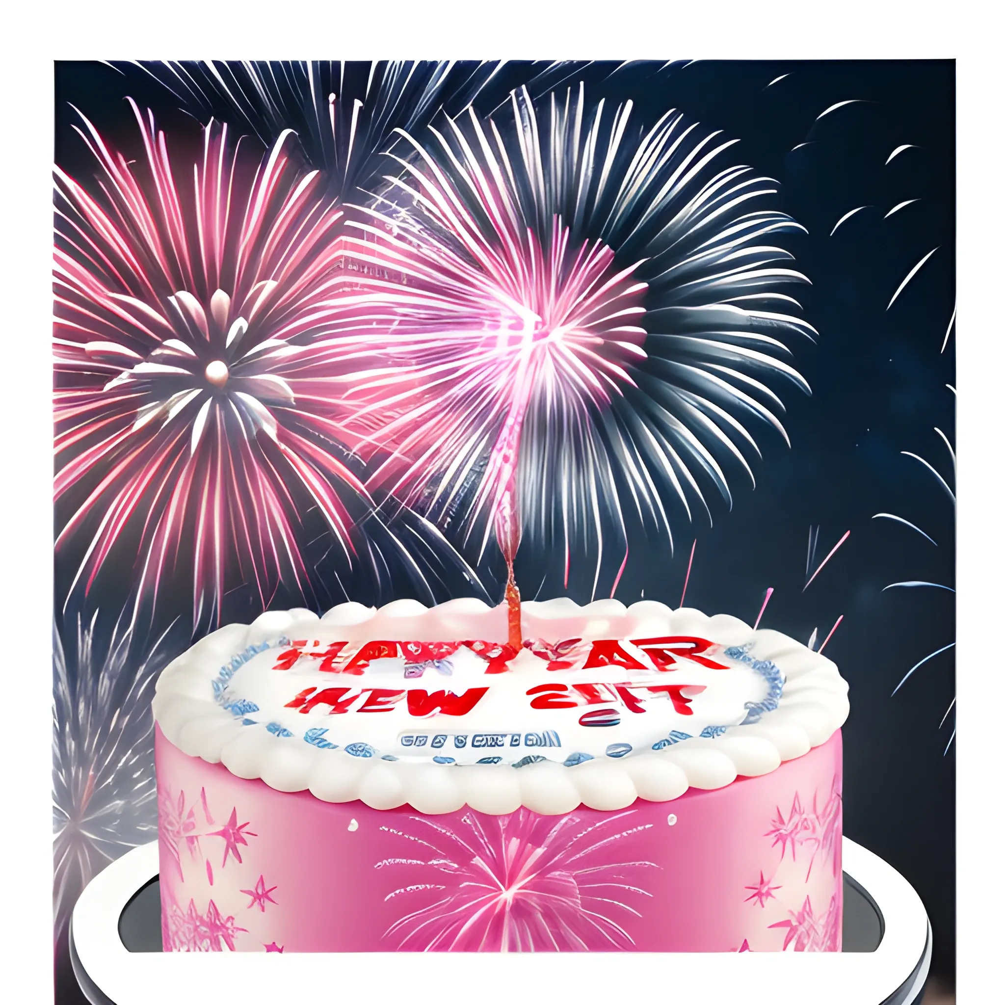 NEW YEAR EVE, FIREWORK, ICE CAKE, REALISTIK, High detail, CENTER PICTURE WRITE Dumont Pastelería