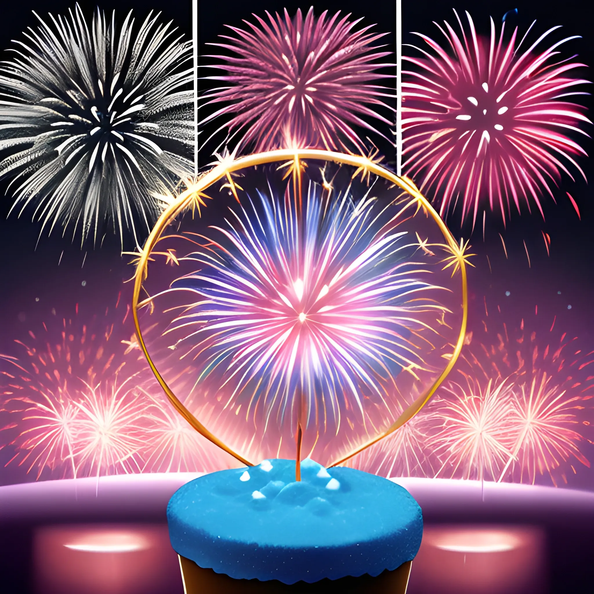 NEW YEAR EVE, FIREWORK, ICE CAKE, REALISTIK, High detail, CENTER PICTURE WRITE {Felíz año nuevo 2024}