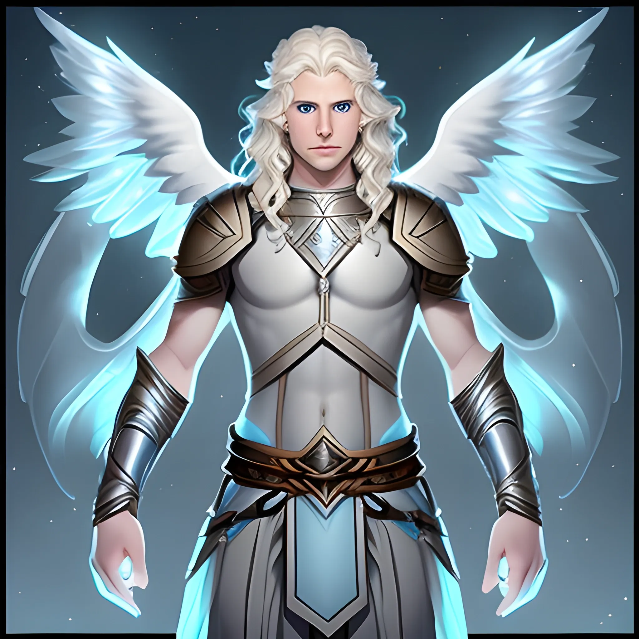 male aasimar from dungeons & dragons with: blonde hair, semi-wavy and semi-long hair; very light gray and slightly shiny skin; glowing light blue eyes