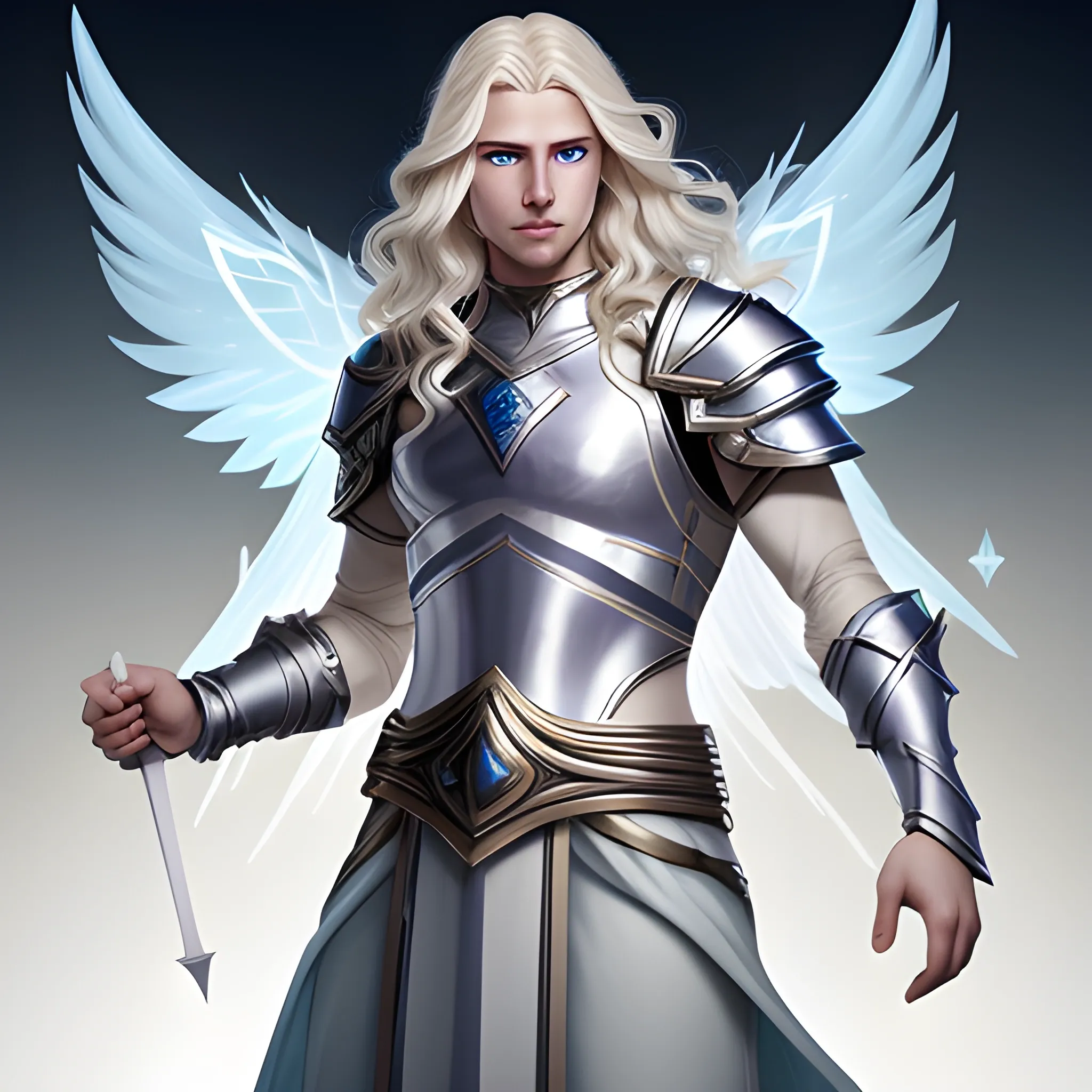 male aasimar from dungeons & dragons with: blonde hair, semi-wavy and semi-long hair; very light gray and slightly shiny skin; glowing light blue eyes; no wings; halo; feminine;