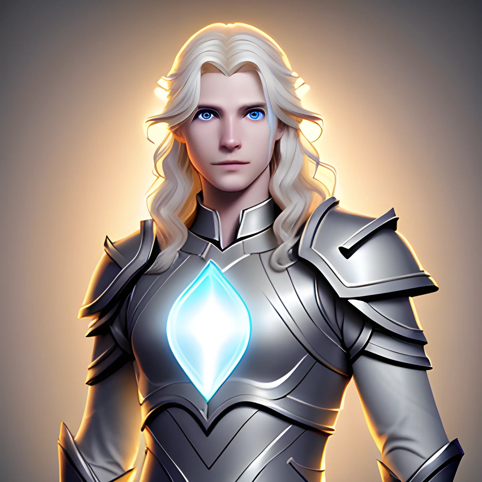 male aasimar from dungeons & dragons with: blonde hair, semi-wavy and semi-long hair; very light gray and slightly shiny skin; glowing light blue eyes; no wings; halo; feminine;, 3D