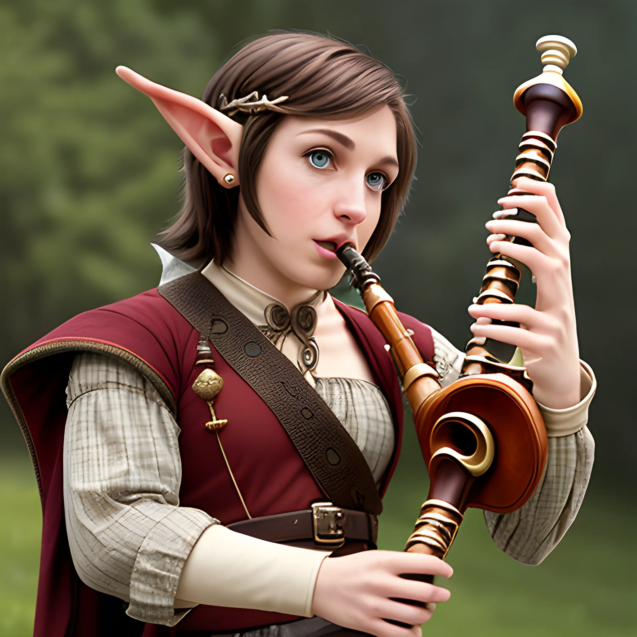 half-elf bard playing pipes short brown hair