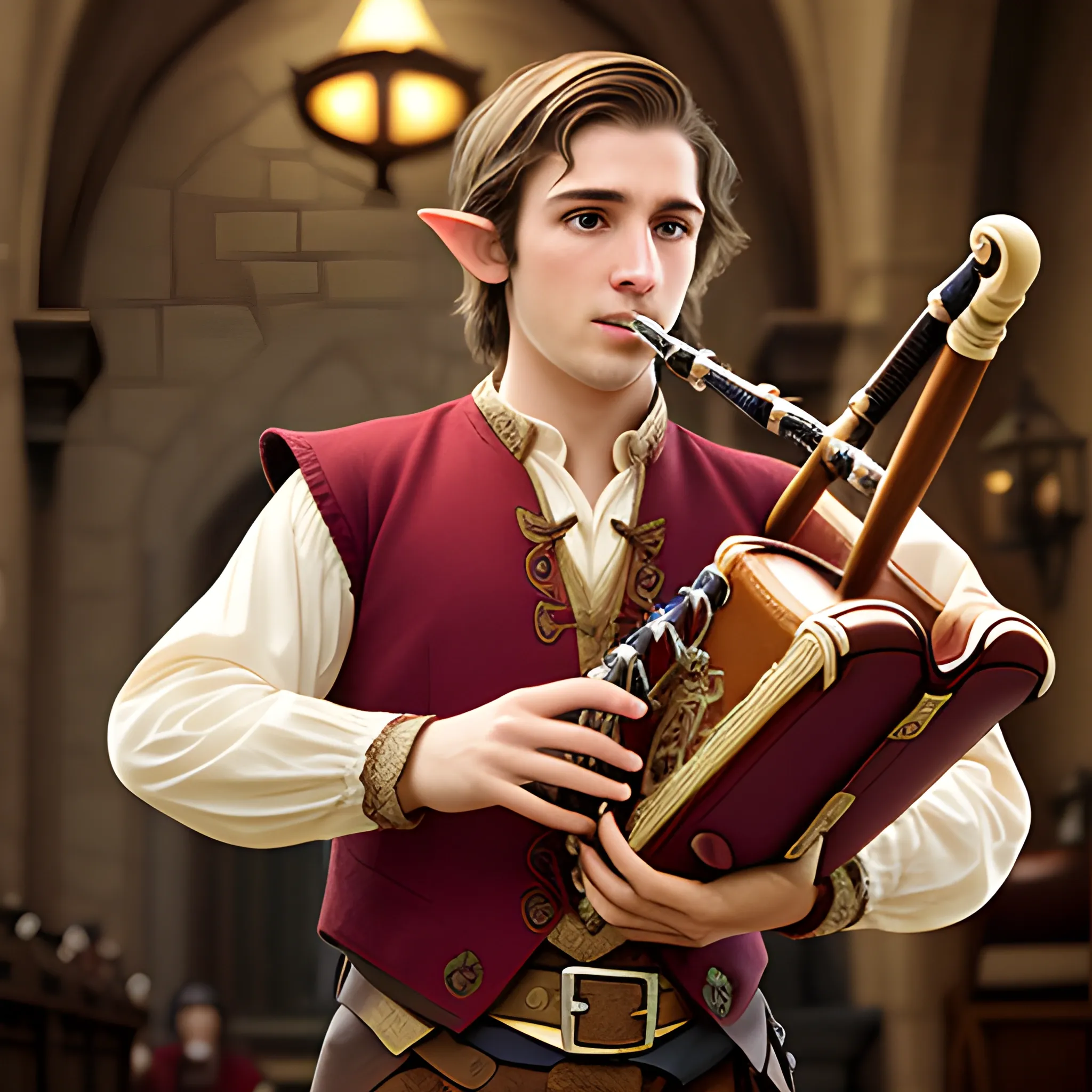 half-elf bard playing pipes short brown hair man
