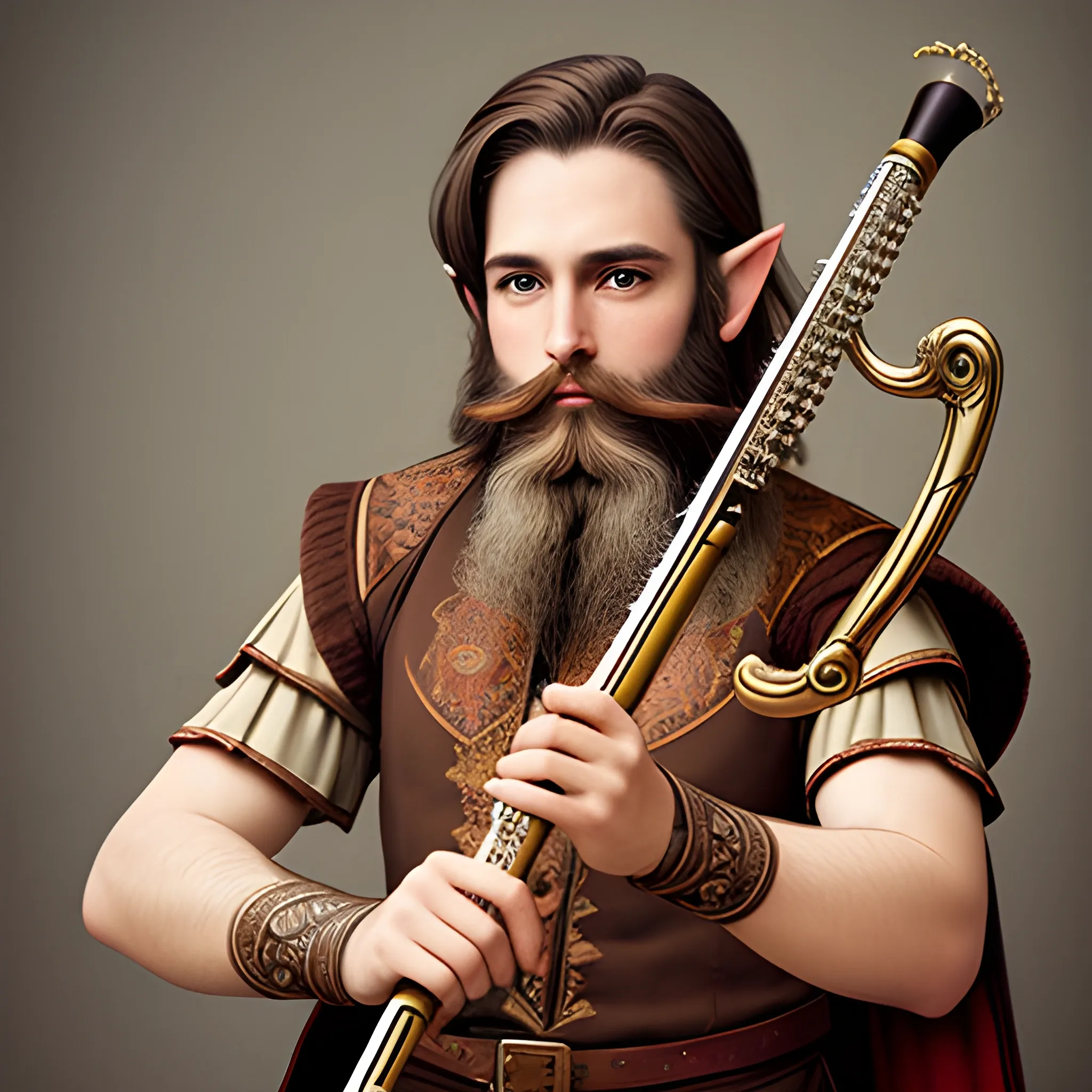half-elf bard playing flute short brown hair man with beard
