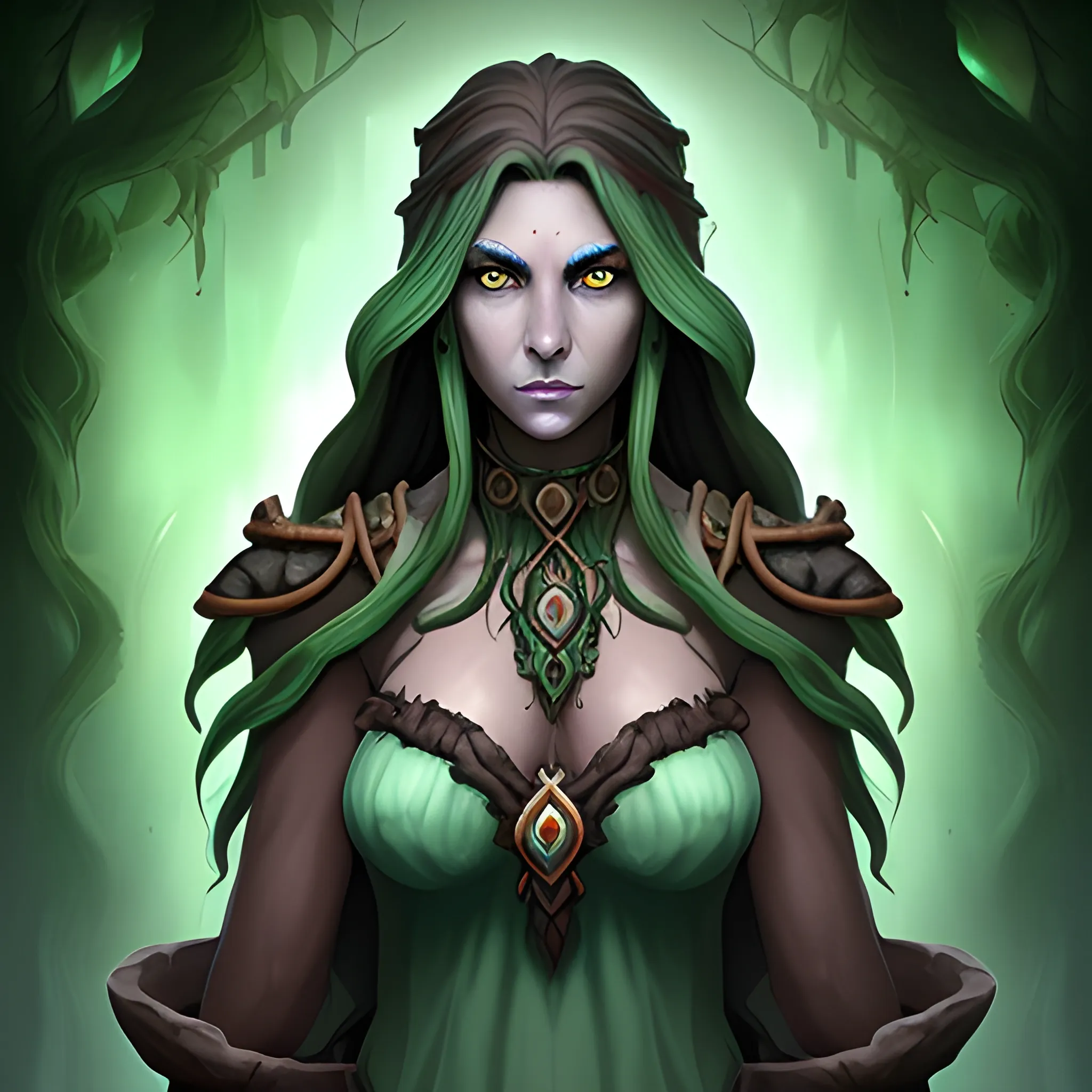 female water druid genasi dark hair green eyes tall 