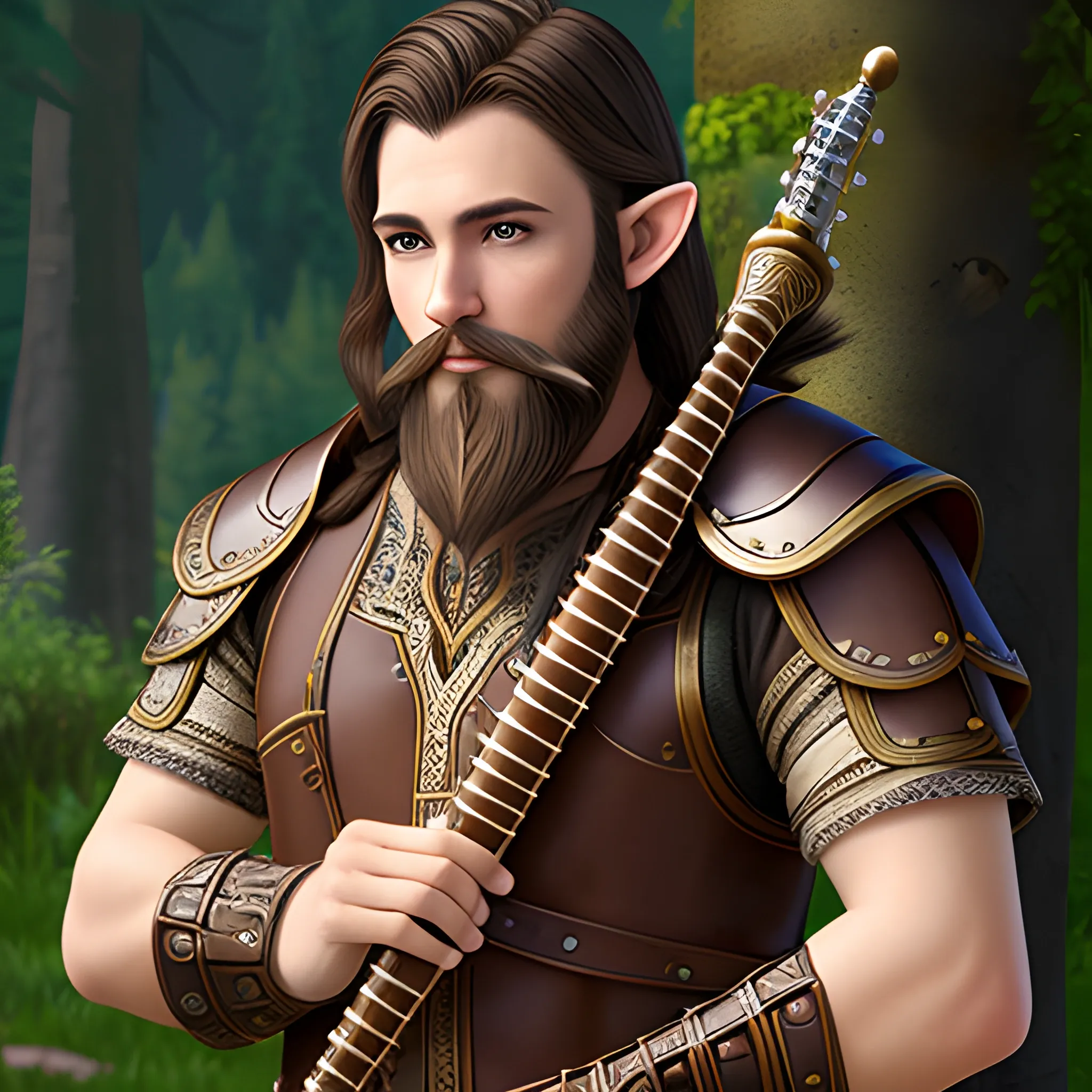 half-elf male short bard brown hair flute beard leather armor
