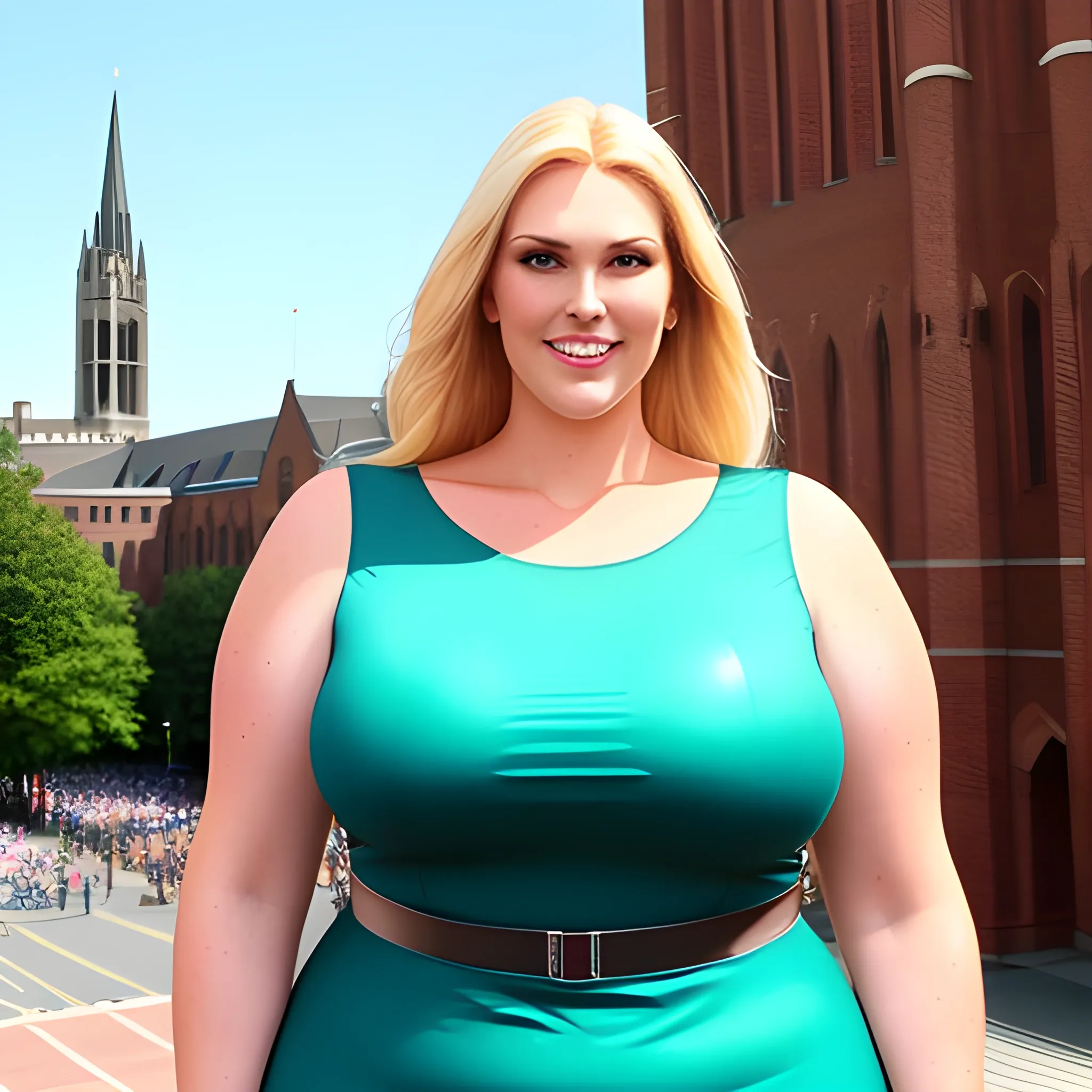 huge and very tall friendly blonde plus size girl with small head and broad shoulders, not curvy but massive, on busy schoolyard towerring among other students and teachers