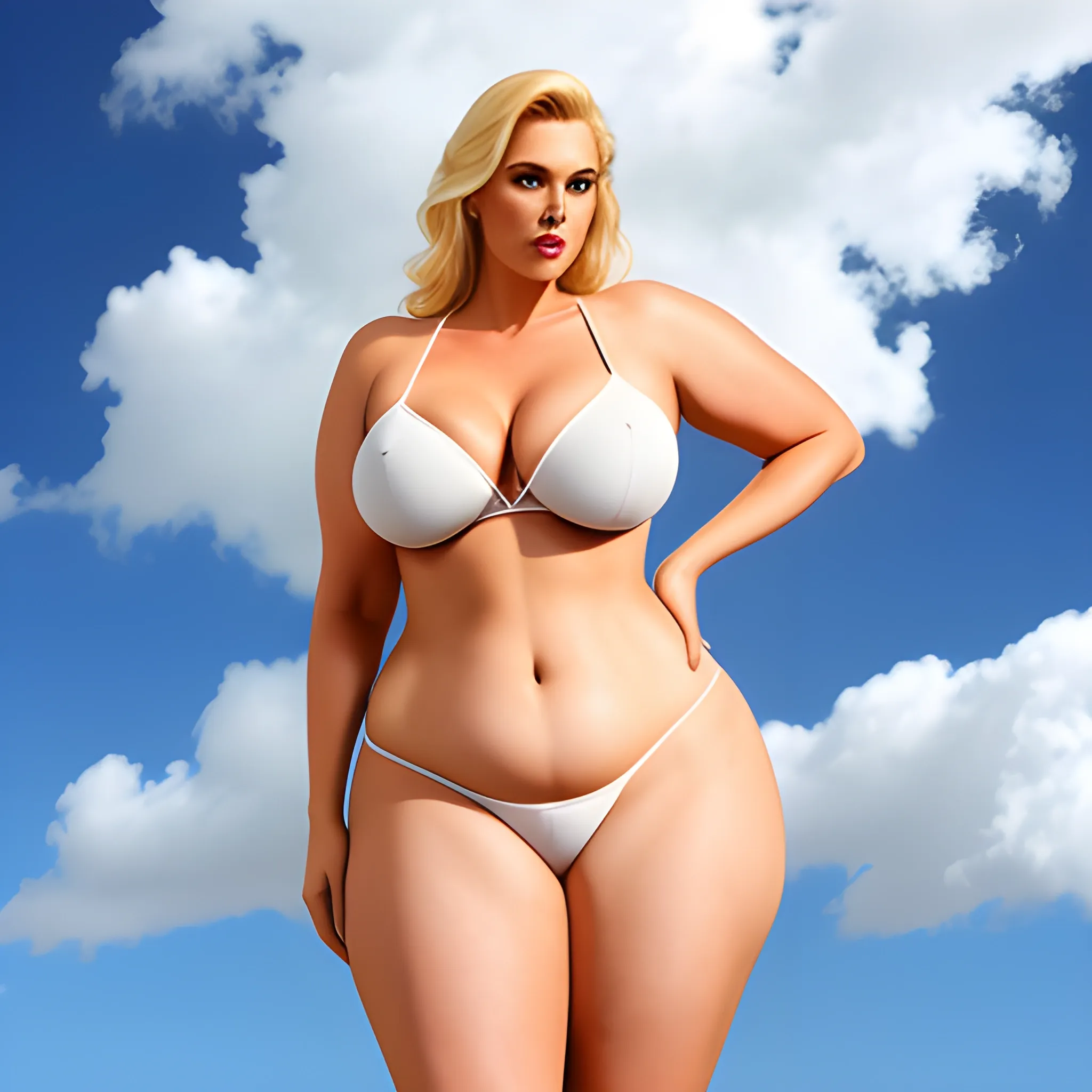 very tall robust curvy blonde girl standing under clouds 