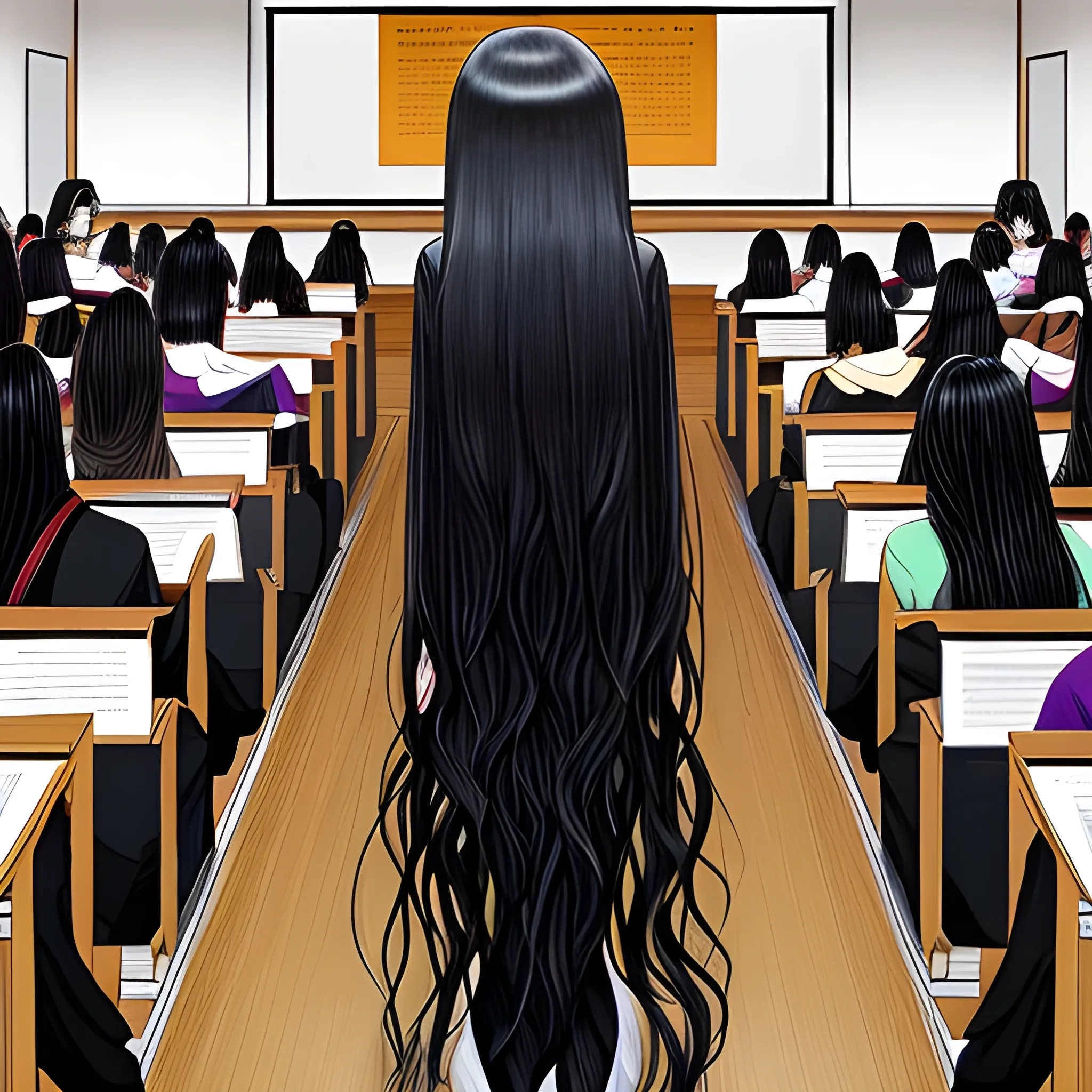 
A stern anime school teacher stands at the front of a crowded lecture hall, her long black hair cascading down her back as she lectures her students on the intricacies of quantum physics.