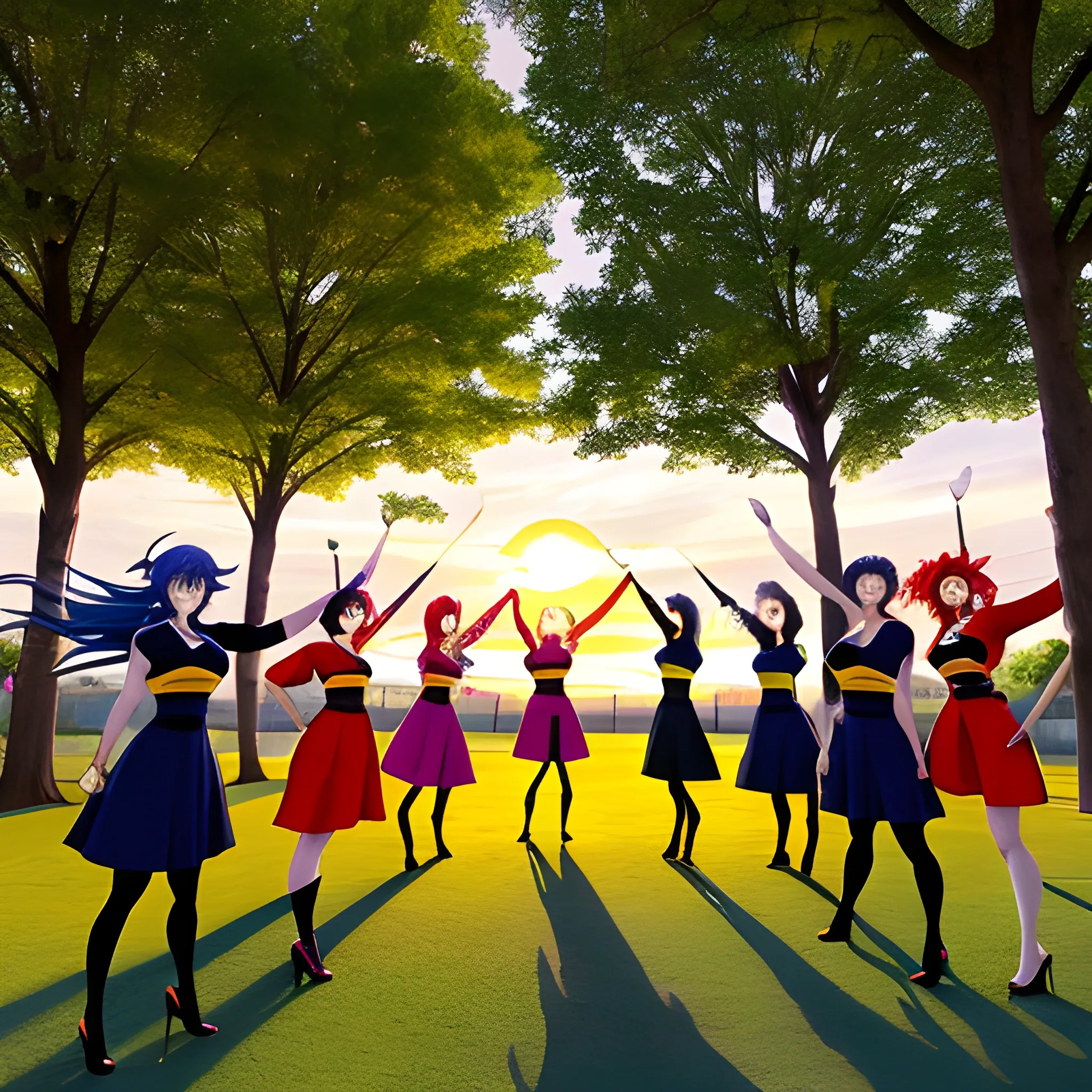 As the sun sets over the playground, a group of anime school girls gather to play a game of tag. Their colorful uniforms and playful expressions add a sense of whimsy to the scene, while the shadows cast by the setting sun create a dramatic backdrop.
