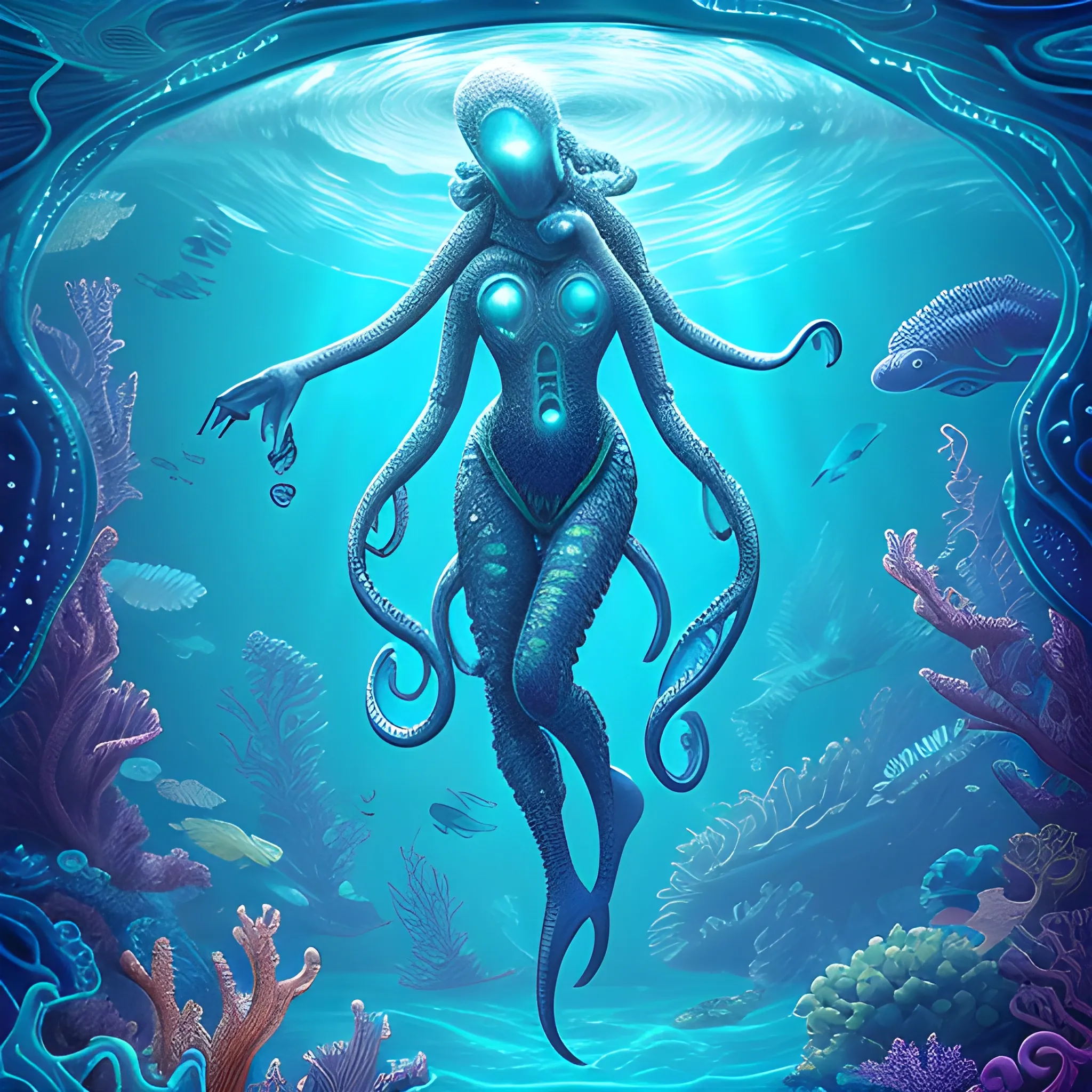 In the heart of a vibrant underwater metropolis on an alien ocean world, a cephalopod-like extraterrestrial emerges from the city's bioluminescent kelp forests. Adorned in shimmering aquatic attire and wielding a coral staff, this aquatic alien glides gracefully through the bustling cityscape. Its eyes, glowing with a deep understanding of oceanic mysteries, observe the intricate dance of holographic marine life that populates the surrounding waters. Symbols of interstellar harmony float alongside them, forming intricate patterns in the liquid atmosphere. This composition tells the tale of an extraterrestrial custodian, a guardian of the alien aquatic realm, embodying the unity between cosmic intelligence and the mesmerizing depths of intergalactic oceans.