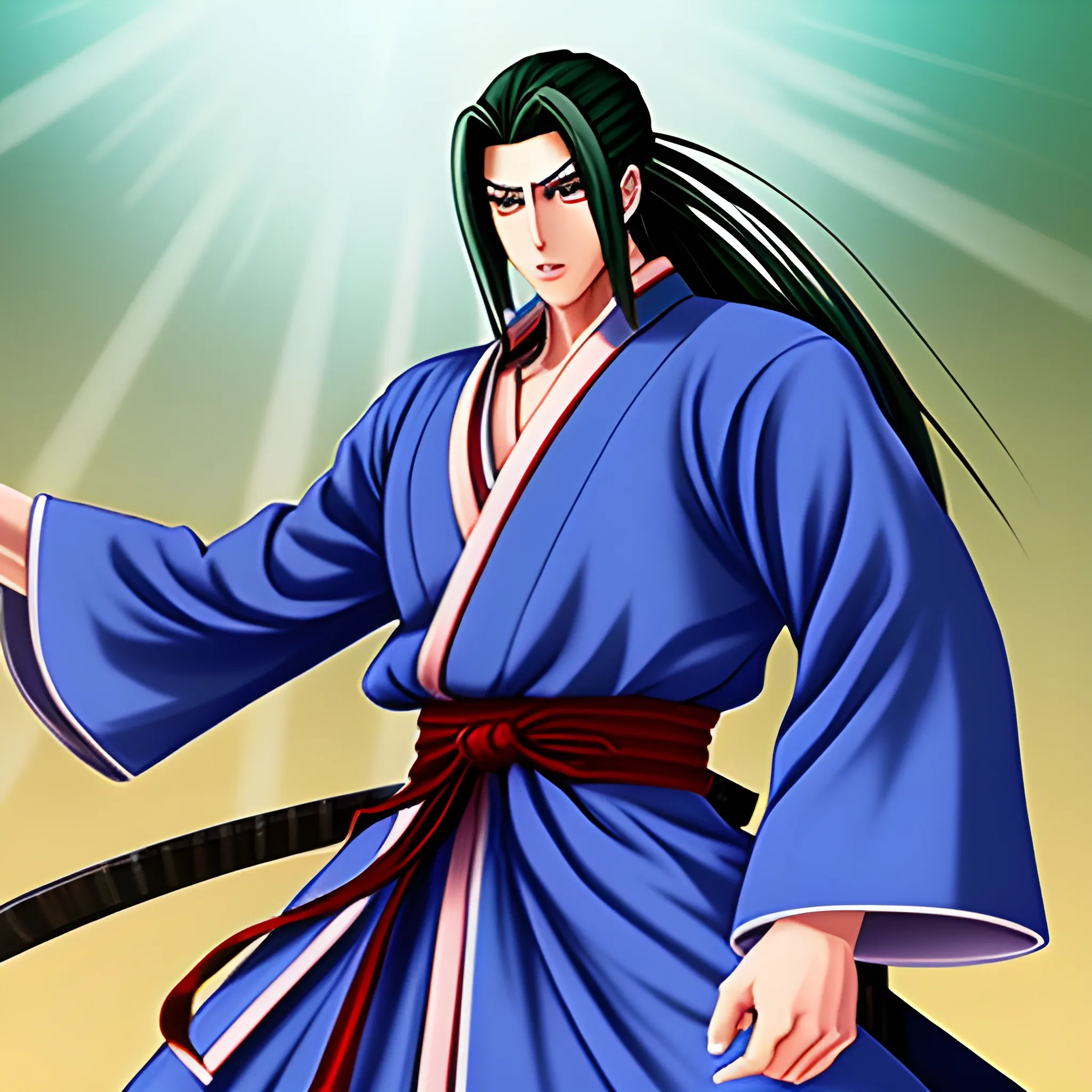I would like a picture of Ukyo from the game Samurai Shodown, but if he was a human in a real movie
