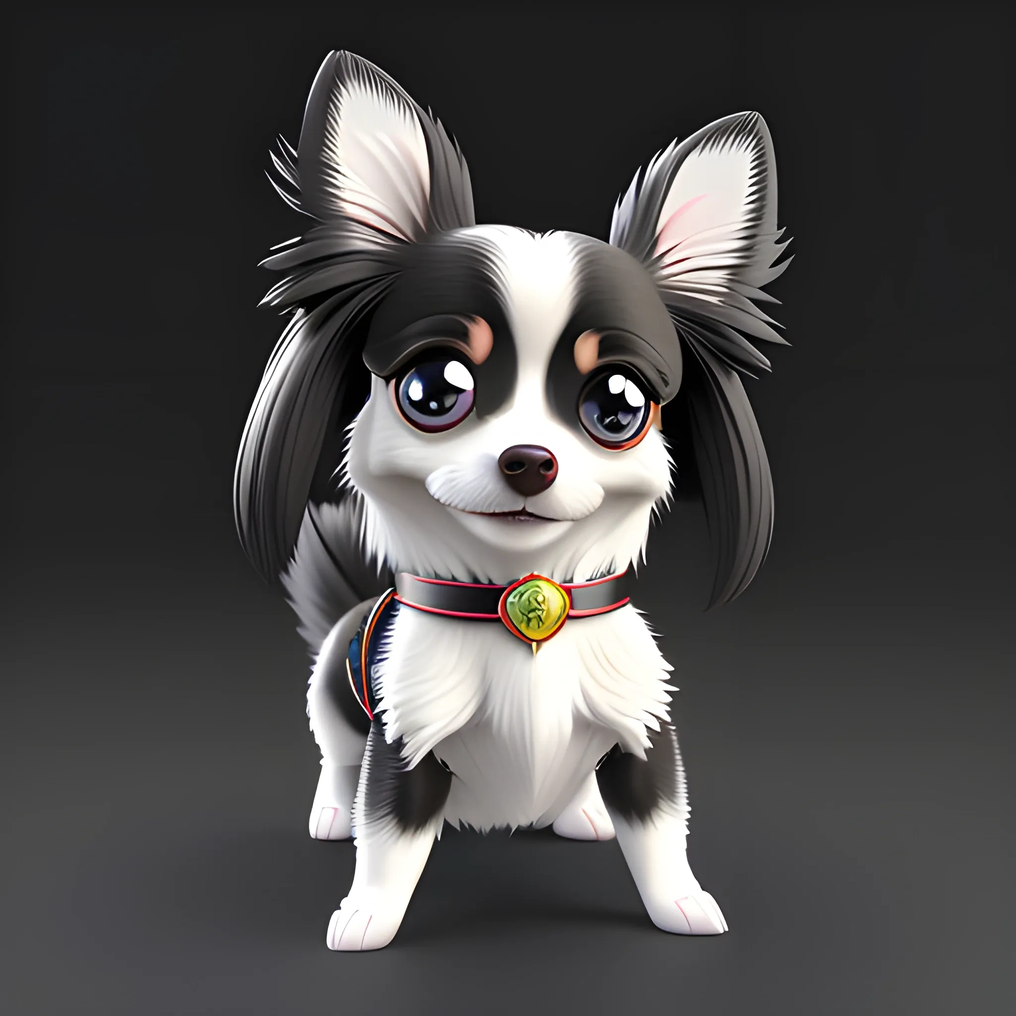 Super Adorable small black and white, long haired Chihuahua rendered by pixar cartoon, sweet smile, character full body, so cute, excited, bright eyes, big and colorful eyes, slim body big head, shiny and fluffy, fairytale, energetic, playful, 3D, incredibly high detail, 16k, octane rendering, gorgeous, ultra-wide angle, Transparent background, poses sideways
