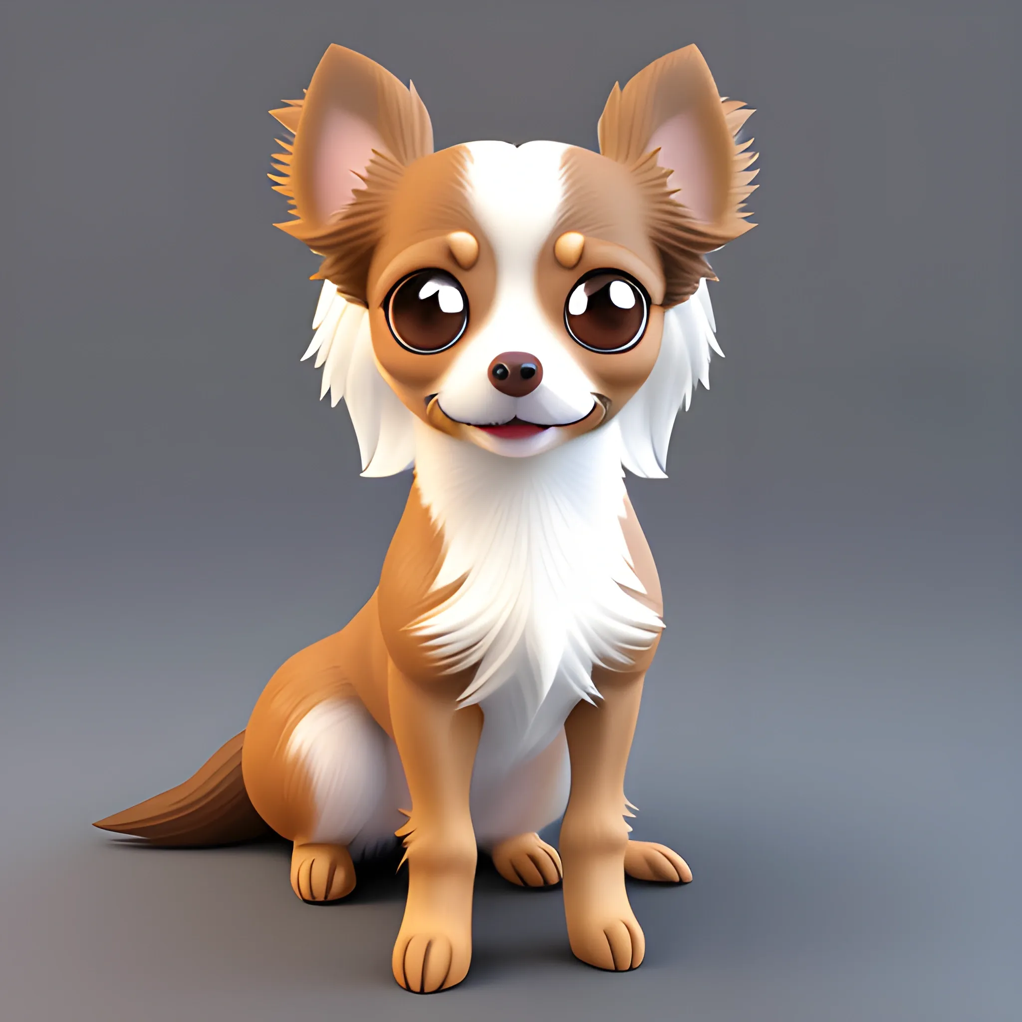 standing side view of Super Adorable small black, Brown, Tan and white, long haired Chihuahua rendered by pixar cartoon, sweet smile, character full body, so cute, excited, bright eyes, big brown eyes, slim body big head, shiny and fluffy, fairytale, energetic, playful, 3D, incredibly high detail, 16k, octane rendering, gorgeous, ultra-wide angle, Transparent background, 

