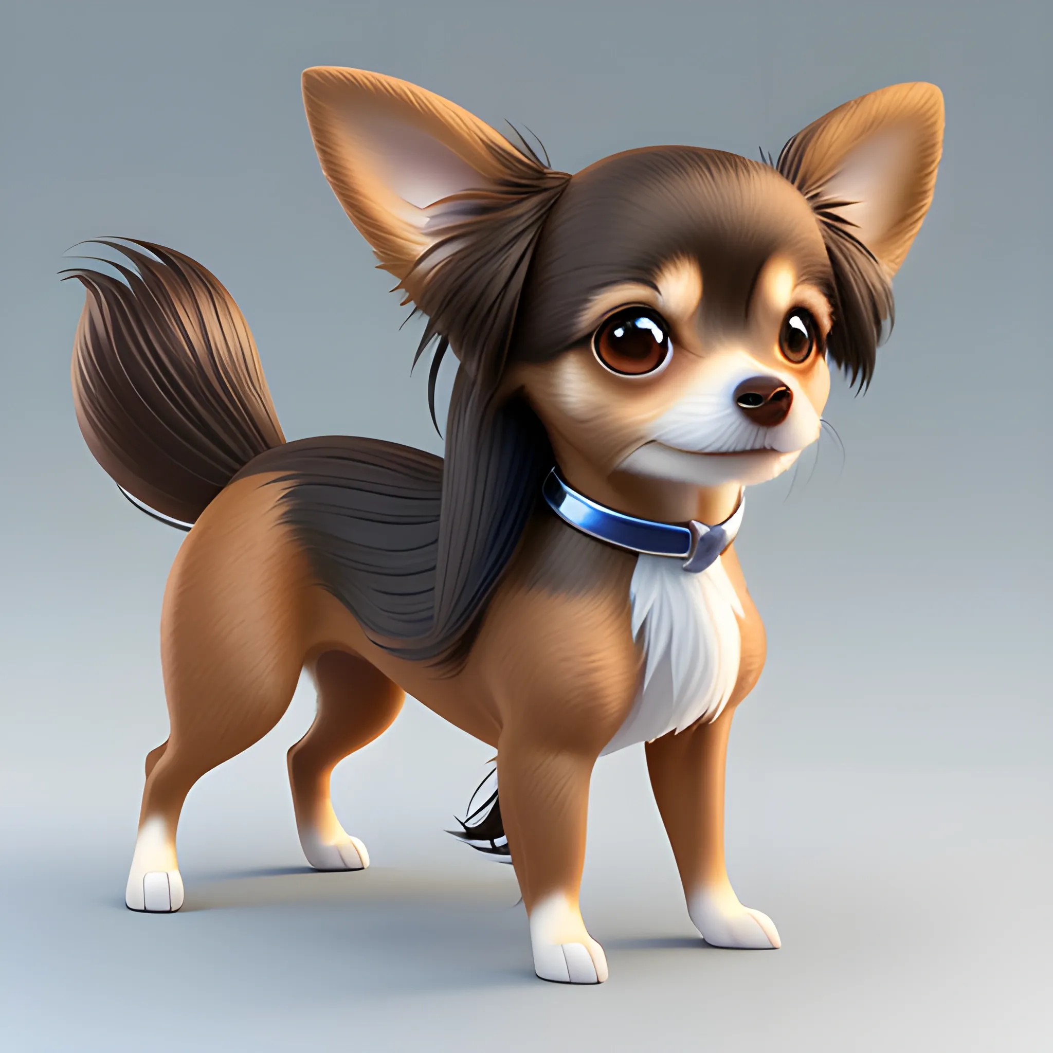 side view of a standing Super Adorable small black, Brown, Tan and white, long haired Chihuahua rendered by pixar cartoon, sweet smile, character full body, so cute, excited, bright eyes, big brown eyes, slim body big head, shiny and fluffy, fairytale, energetic, playful, 3D, incredibly high detail, 16k, octane rendering, gorgeous, ultra-wide angle, Transparent background, 