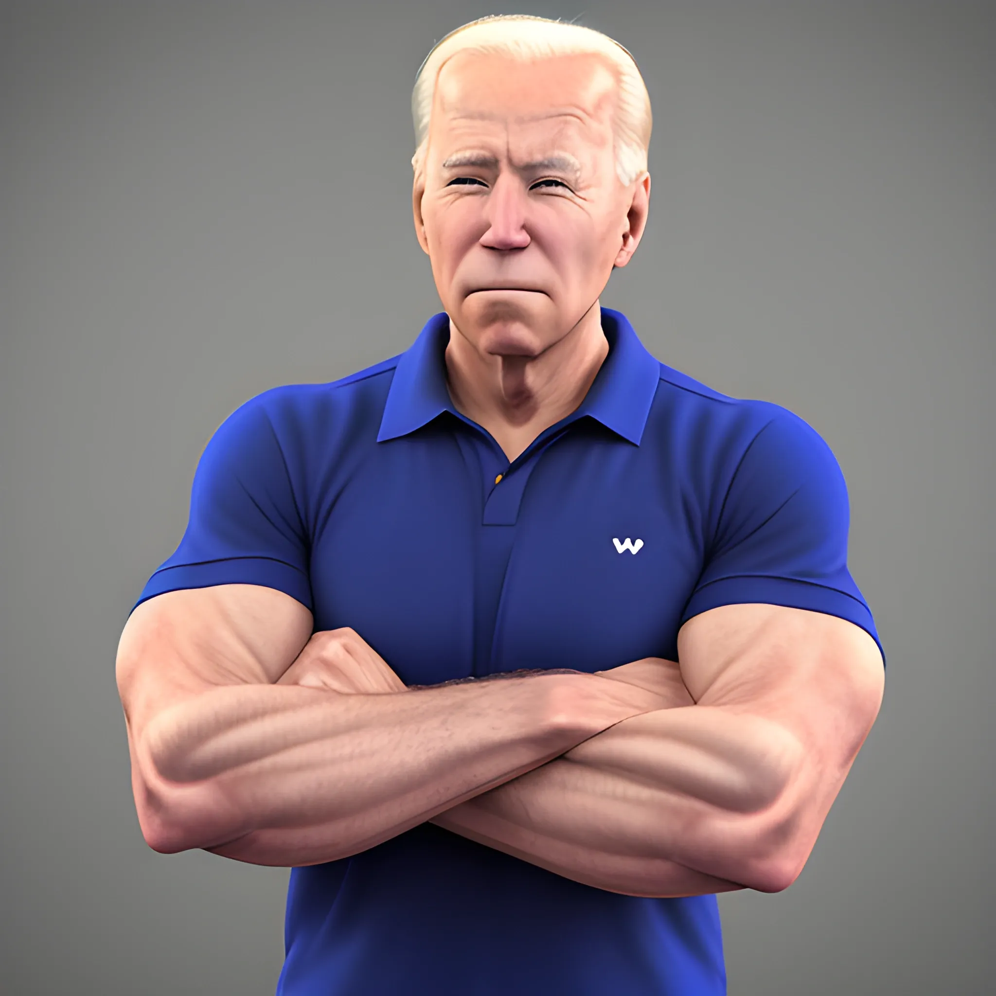 3D render of Joe Biden with his arms crossed looking straight into the camera. He is very strong and looks like a bodybuilder. , 3D