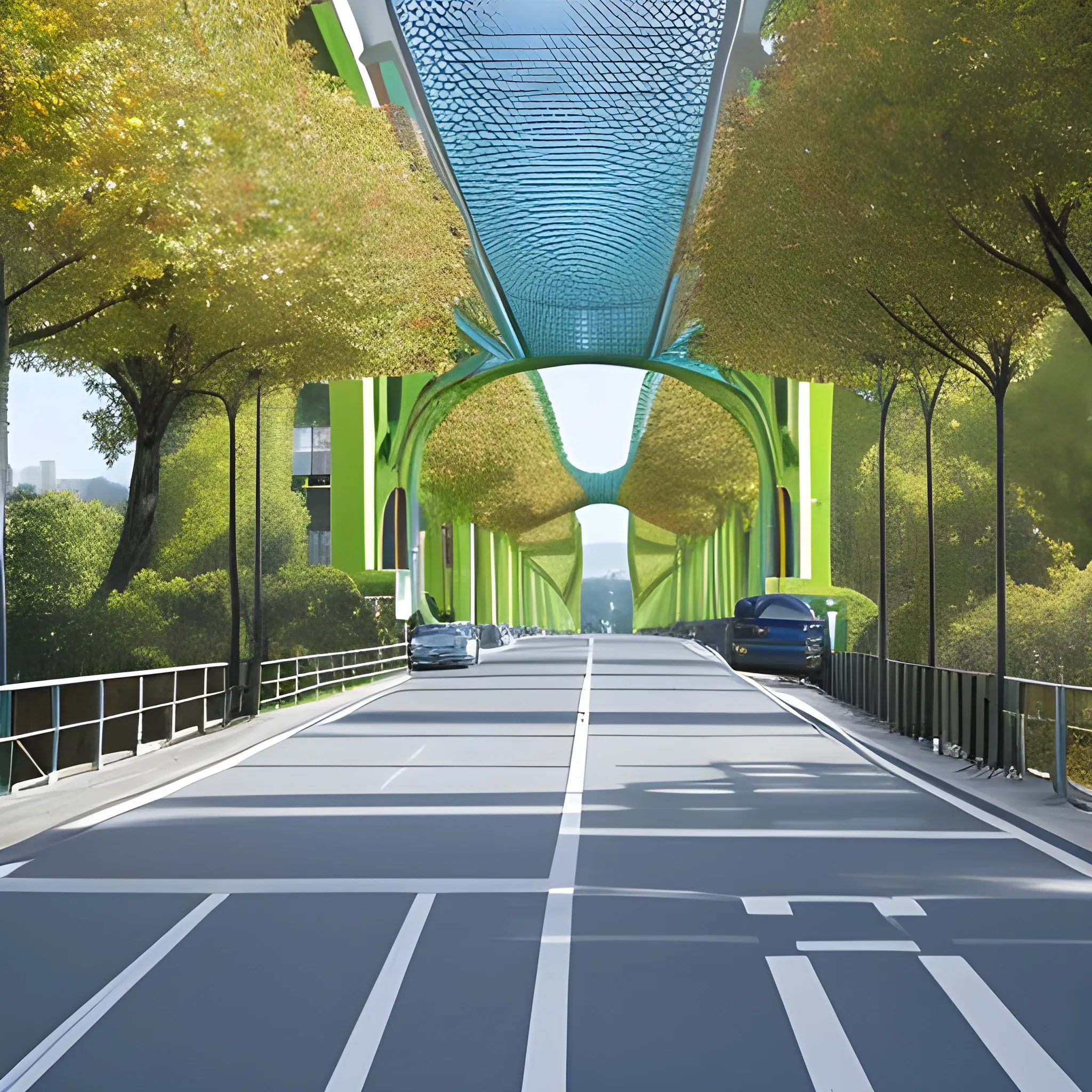 Imagina un puente peatonal que conecta dos barrios sobre una red de carreteras. Este puente cuenta con corredores verdes, árboles de gran altura y una arquitectura moderna. En su centro, hay un espacio intergeneracional con carriles para bicicletas, senderos, bancos y un área de juegos para niños. Este diseño excluye por completo la presencia de vehículos, ofreciendo un entorno seguro y tranquilo para los peatones."
