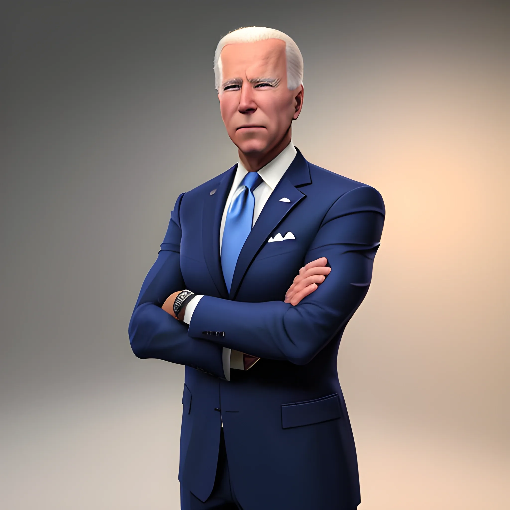 3D render of Joe Biden with his arms crossed looking straight into the camera. He is very strong and looks like a bodybuilder, his face is clear and he is in the artstyle of fortnite. he has a navy blue suit on with a baby blue tie, there are no arms on his suit and instead its just his strong muscular arms. half body shot, 3D