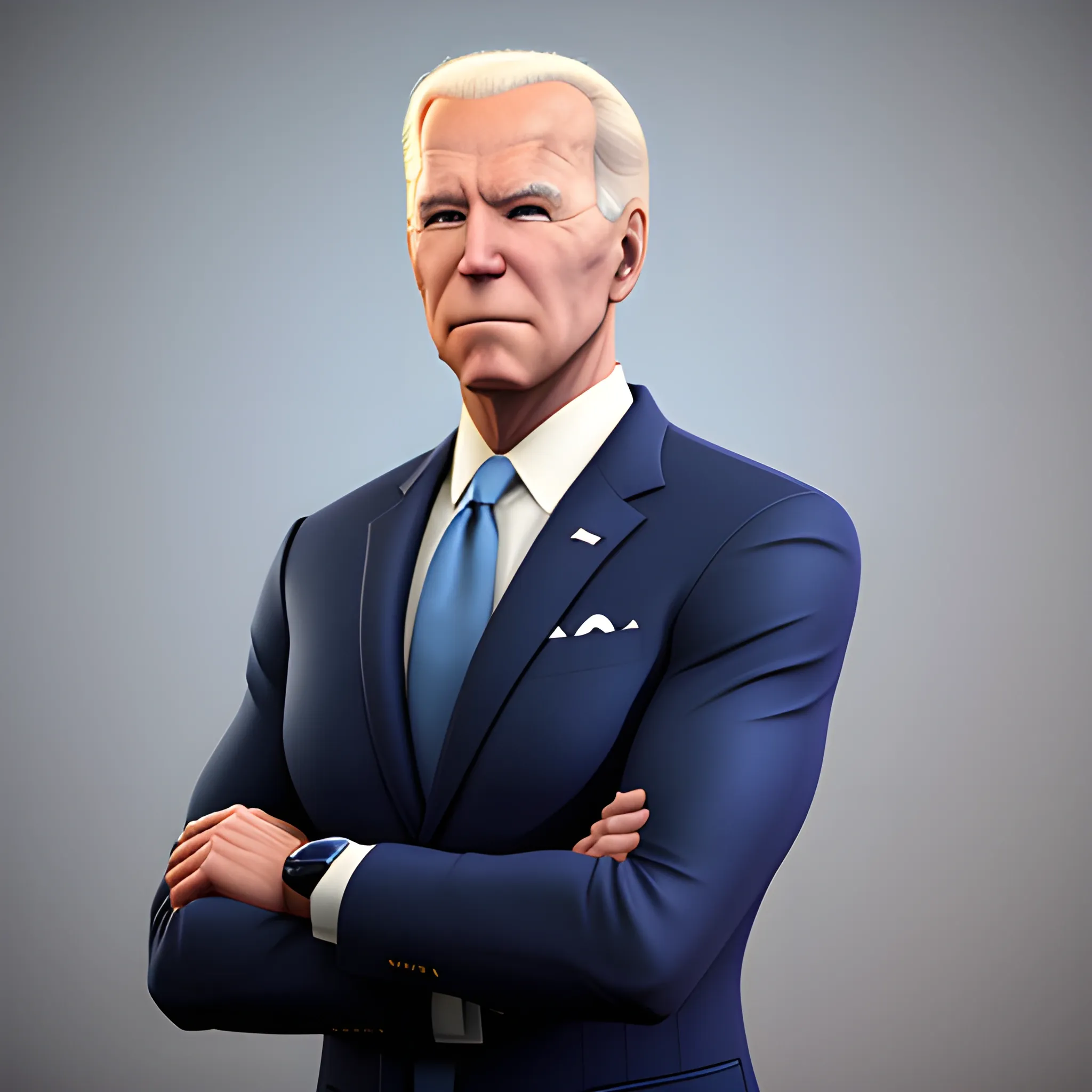 3D render of Joe Biden with his arms crossed looking straight into the camera. He is very strong and looks like a bodybuilder, his face is clear and he is in the artstyle of fortnite. he has a navy blue suit on with a baby blue tie, there are no arms on his suit and instead its just his strong muscular arms. half body shot, 3D