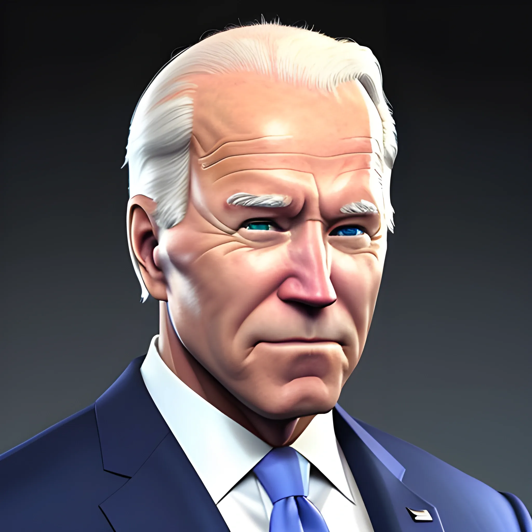 3D render of Joe Biden with his arms crossed looking straight into the camera. He is very strong and looks like a bodybuilder, his face is clear and he is in the artstyle of fortnite. he has a navy blue suit on with a baby blue tie, there are no arms on his suit and instead its just his strong muscular arms. half body shot, his eyes are blue. 
3D