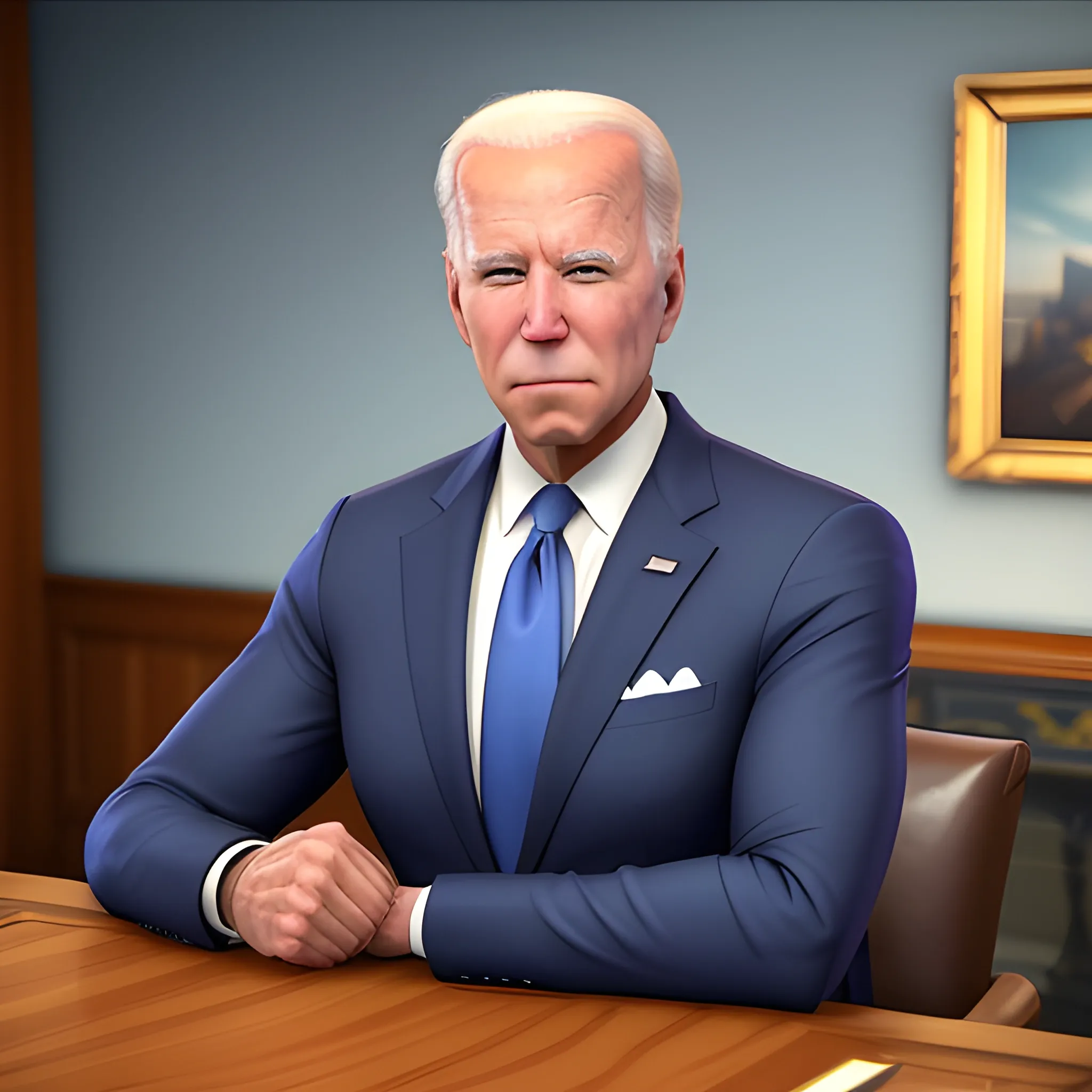 3D render of Joe Biden with his arms crossed looking straight into the camera. He is very strong and looks like a bodybuilder, his face is clear and he is in the artstyle of fortnite. he has a navy blue suit on with a baby blue tie, there are no arms on his suit and instead its just his strong muscular arms. half body shot, his eyes are blue. 
3D