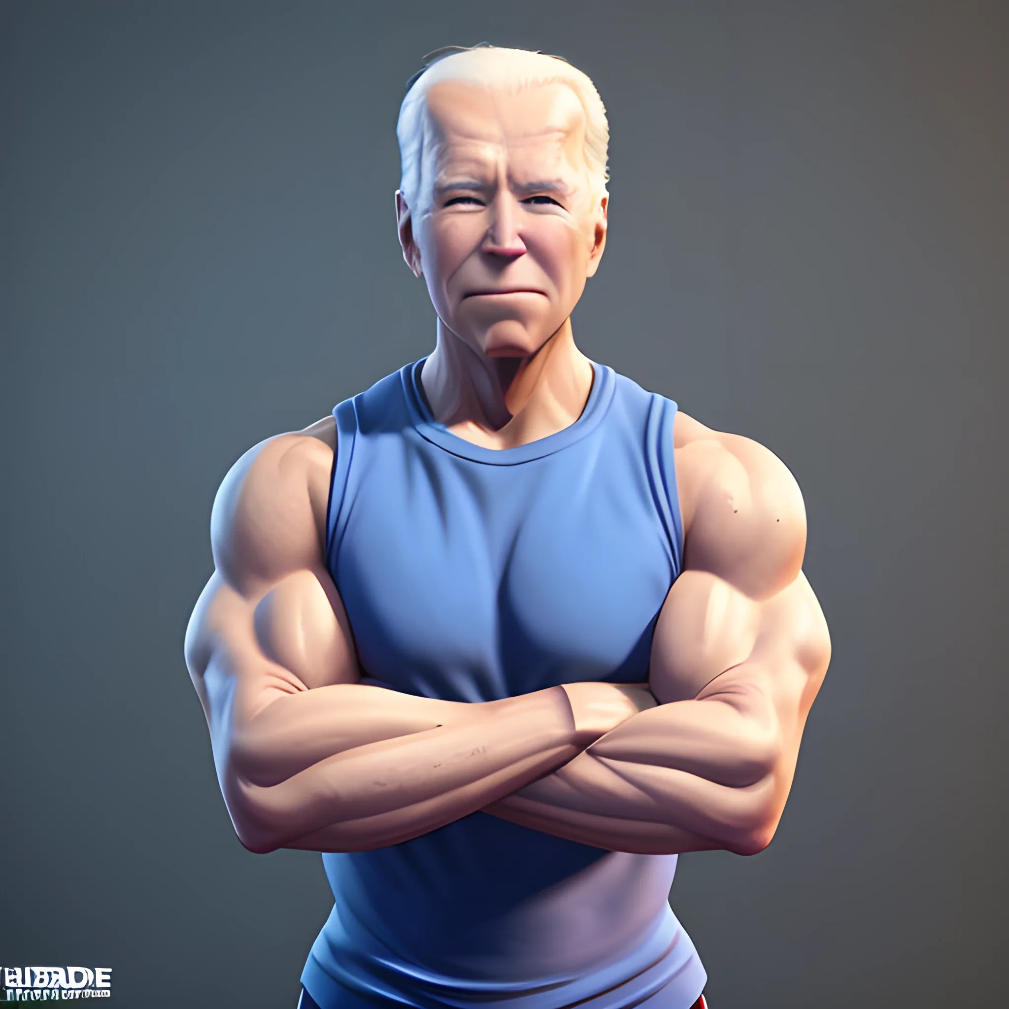 3D render of Joe Biden with his arms crossed looking straight into the camera. He is very strong and looks like a bodybuilder, his face is clear and he is in the artstyle of fortnite.  he is shirtless and you can see he is very strong and muscular, full body shot, his eyes are blue. 
3D