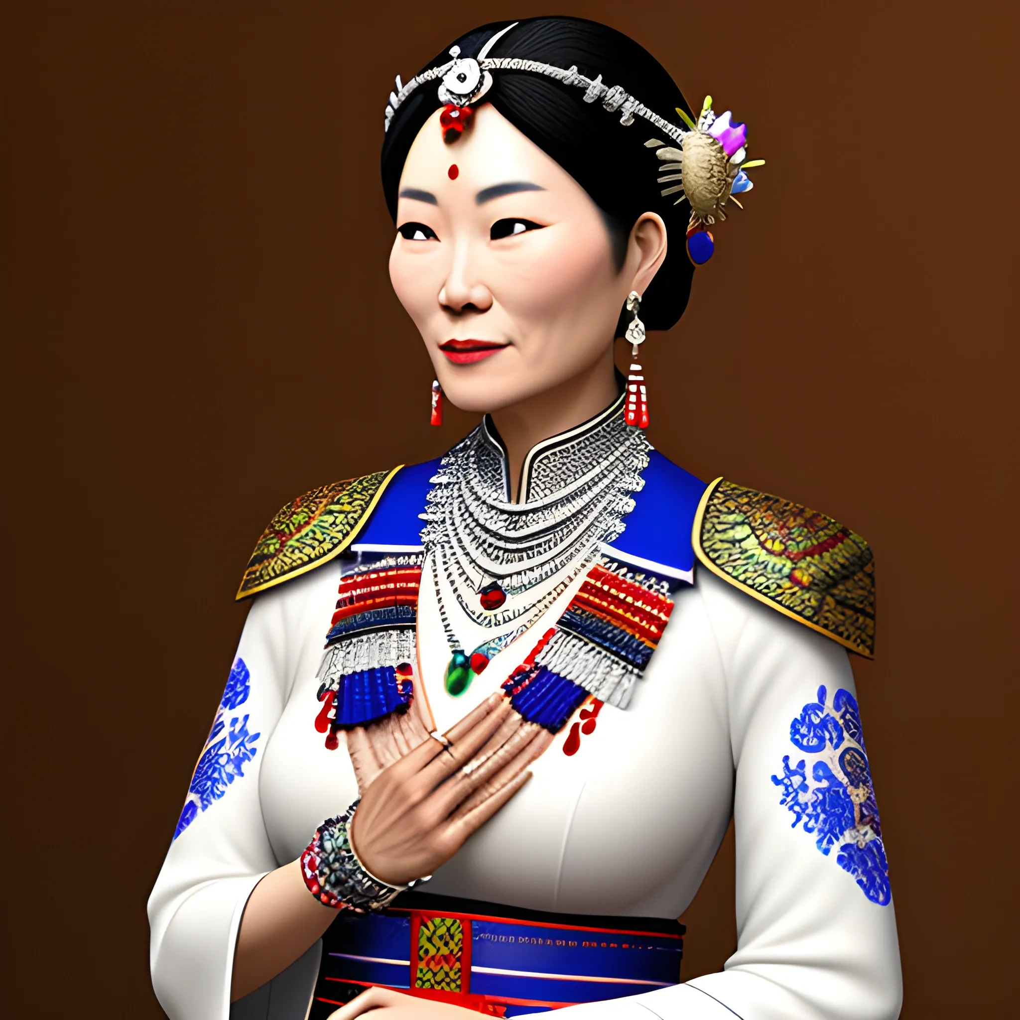 The Miao ethnic minority girl, standing tall in her magnificent traditional attire, adorned with intricate silver accessories, a silver necklace gracefully hanging around her neck, and silver bracelets adorning her hands, with fingers delicately blurred., 3D, 